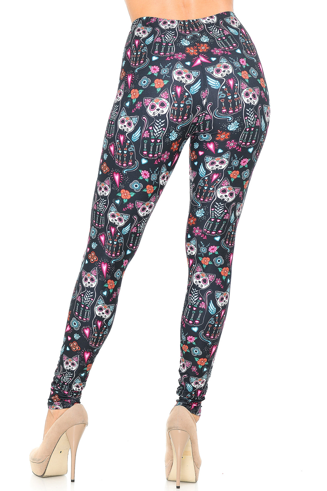 Creamy Soft Premium Women's Leggings Sugar Skull Kitty Cats Regular Size, High Rise, Stretchy & Comfortable Fit - by USA Fashion