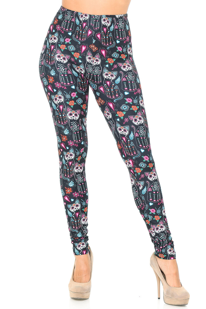 Creamy Soft Premium Women's Leggings Sugar Skull Kitty Cats Regular Size, High Rise, Stretchy & Comfortable Fit - by USA Fashion