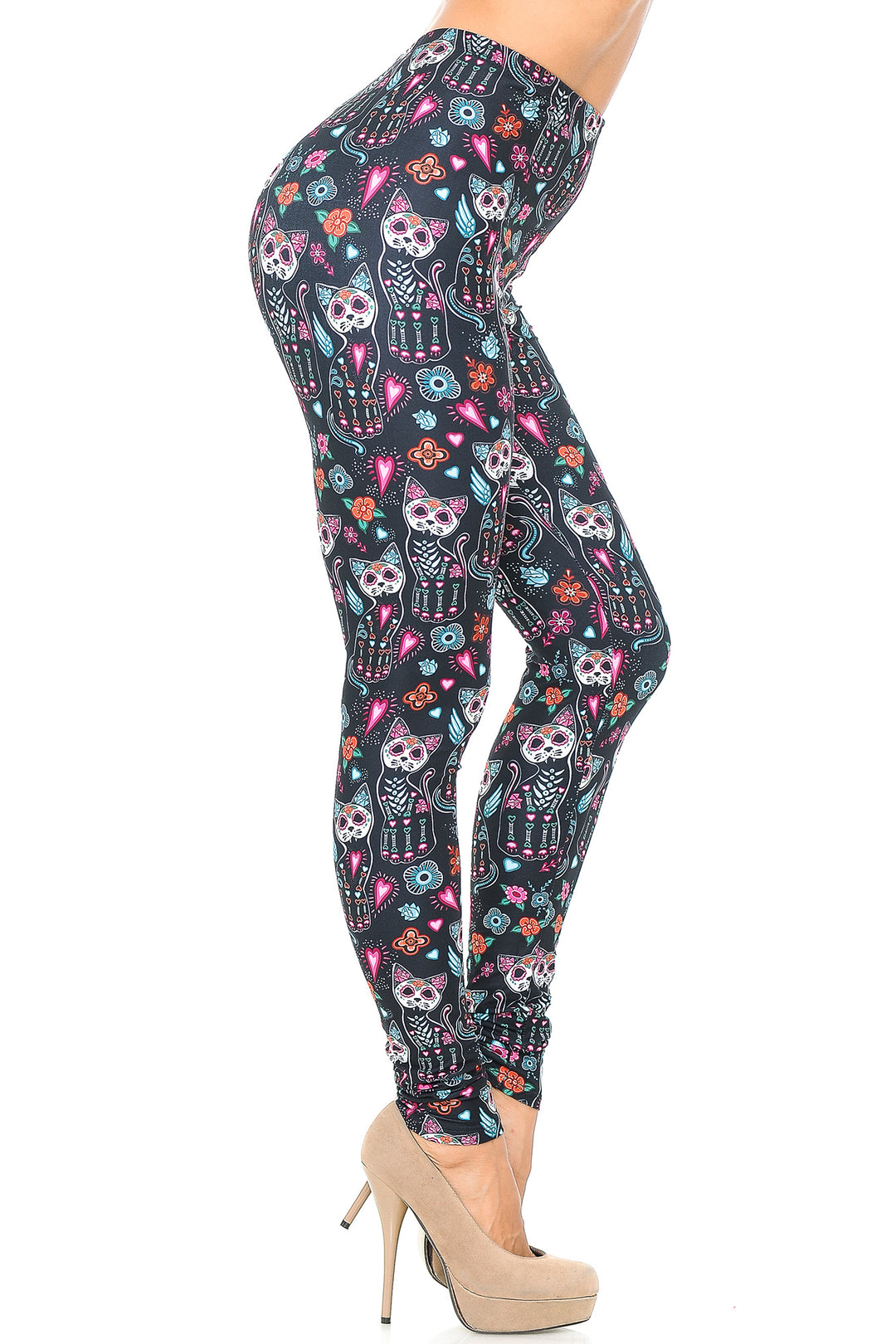 Creamy Soft Premium Women's Leggings Sugar Skull Kitty Cats Regular Size, High Rise, Stretchy & Comfortable Fit - by USA Fashion