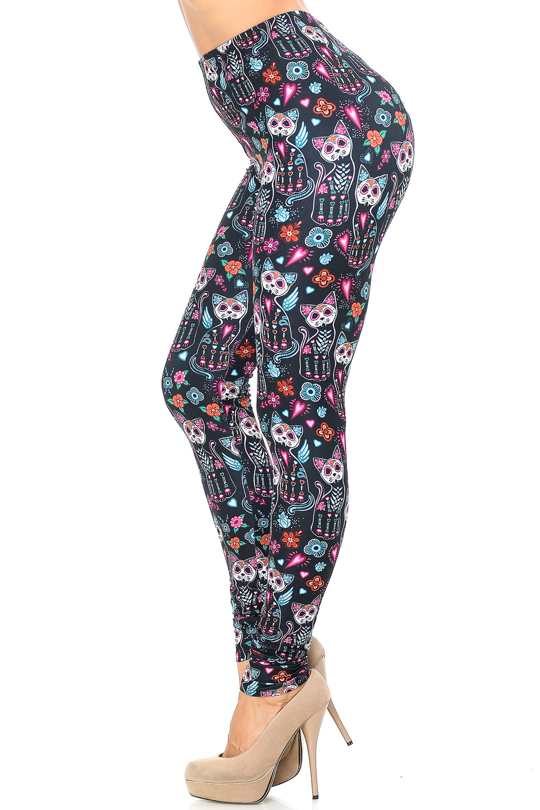 Creamy Soft Premium Women's Leggings Sugar Skull Kitty Cats Regular Size, High Rise, Stretchy & Comfortable Fit - by USA Fashion