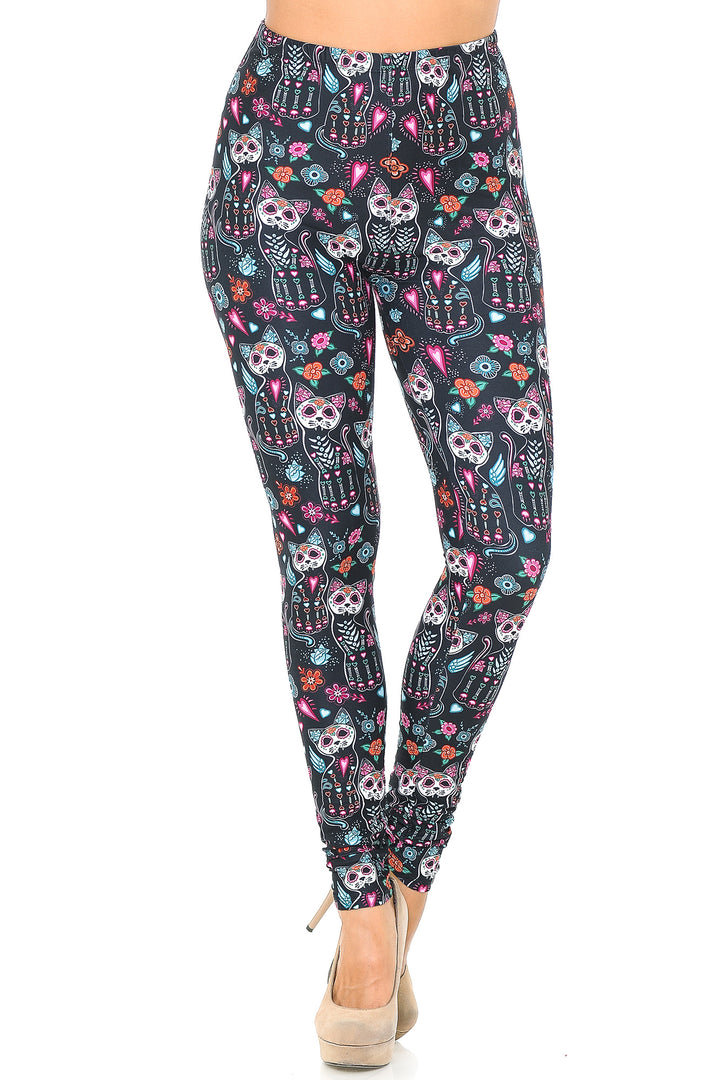 Creamy Soft Premium Women's Leggings Sugar Skull Kitty Cats Regular Size, High Rise, Stretchy & Comfortable Fit - by USA Fashion