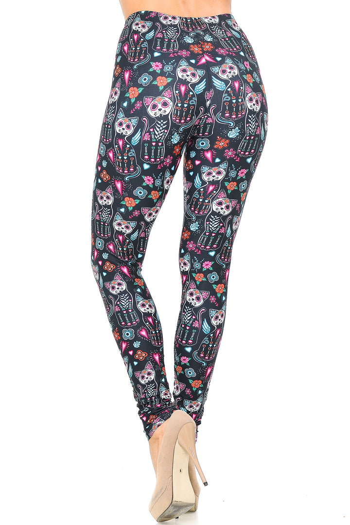 Creamy Soft Premium Women's Leggings Sugar Skull Kitty Cats Regular Size, High Rise, Stretchy & Comfortable Fit - by USA Fashion