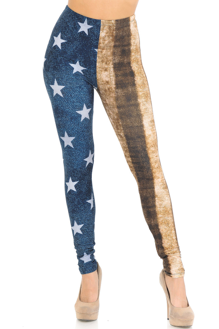Creamy Soft Premium Women's Leggings Vintage USA Flag Regular Size, High Rise, Stretchy & Breathable, Comfortable Fit - by USA Fashion