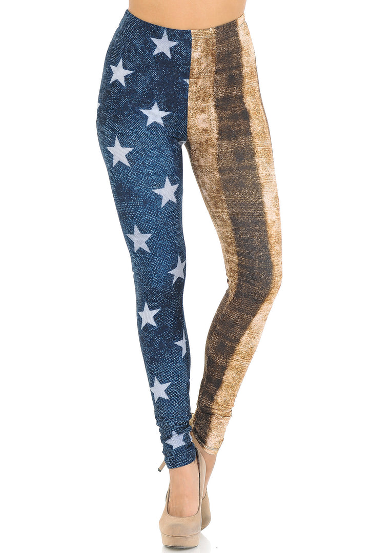 Creamy Soft Premium Women's Leggings Vintage USA Flag Regular Size, High Rise, Stretchy & Breathable, Comfortable Fit - by USA Fashion