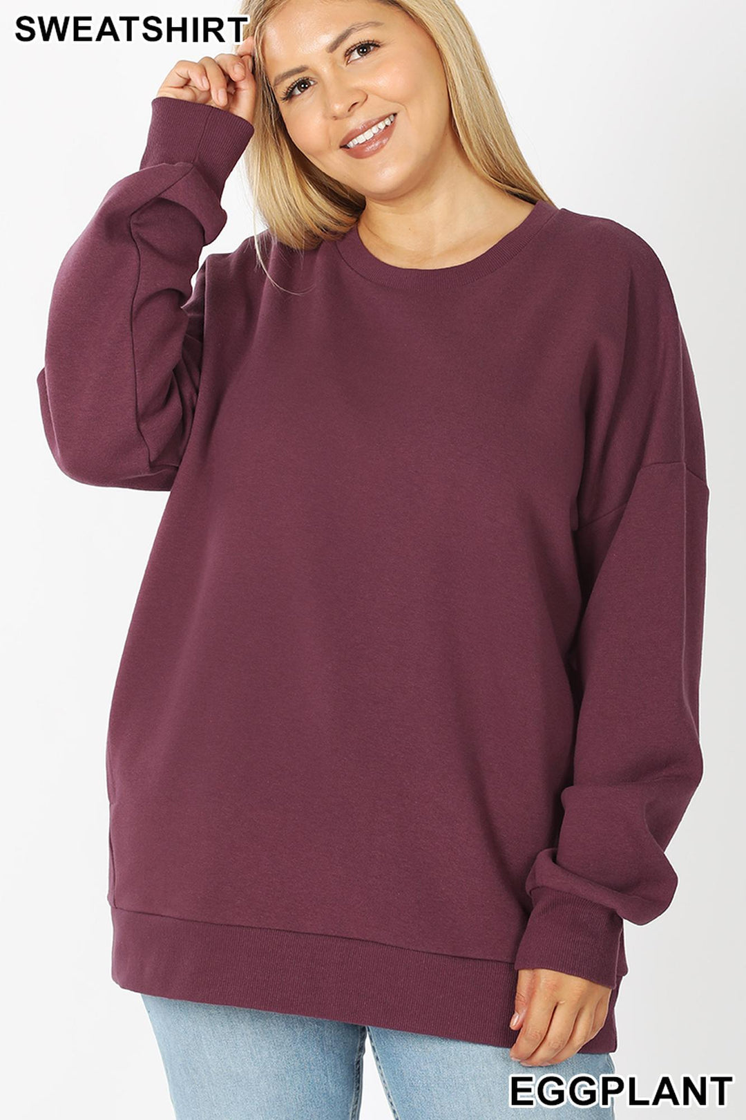 Round Crew Neck Plus Size Sweatshirt with Side Pockets