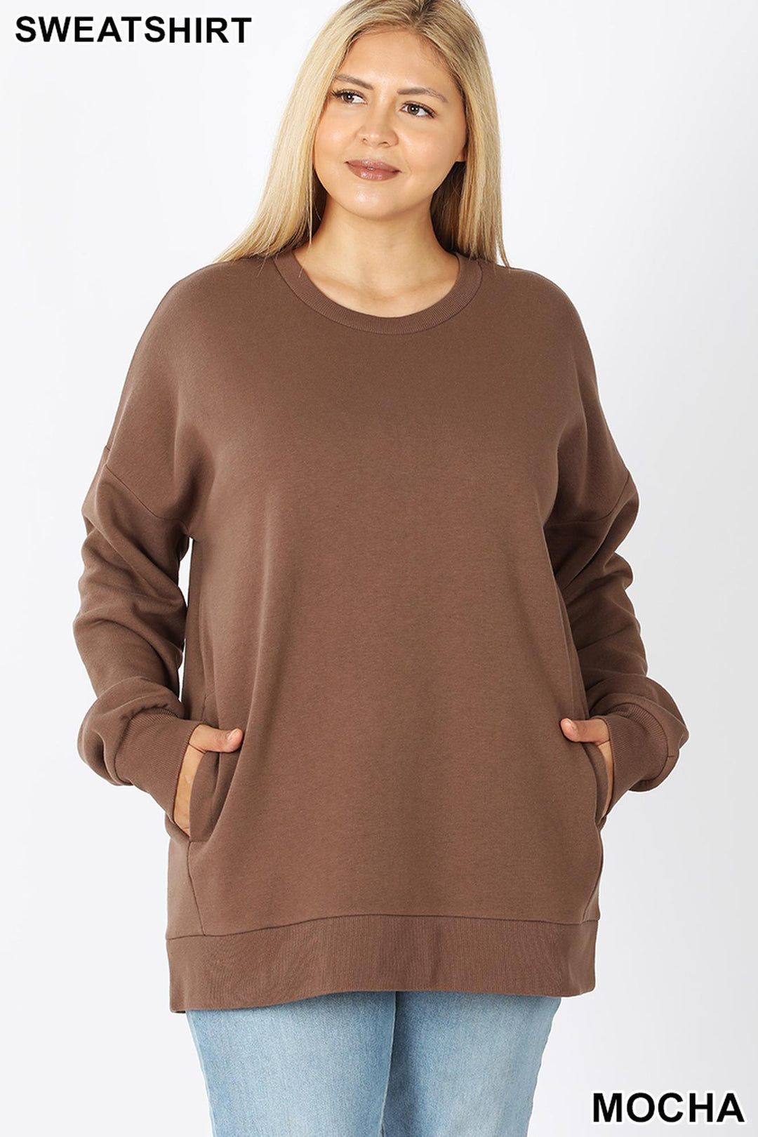 Round Crew Neck Plus Size Sweatshirt with Side Pockets