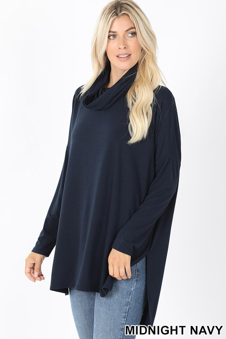 Cowl Neck Hi-Low Long Sleeve Plus Size Top