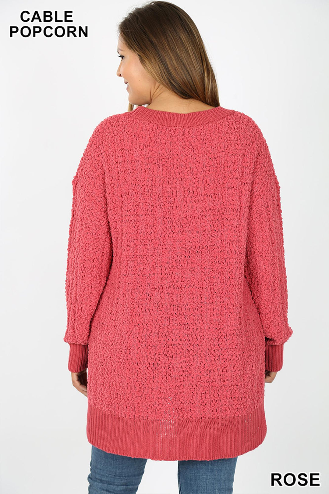 Cable Knit Popcorn V-Neck Hi-Low Plus Size Sweater