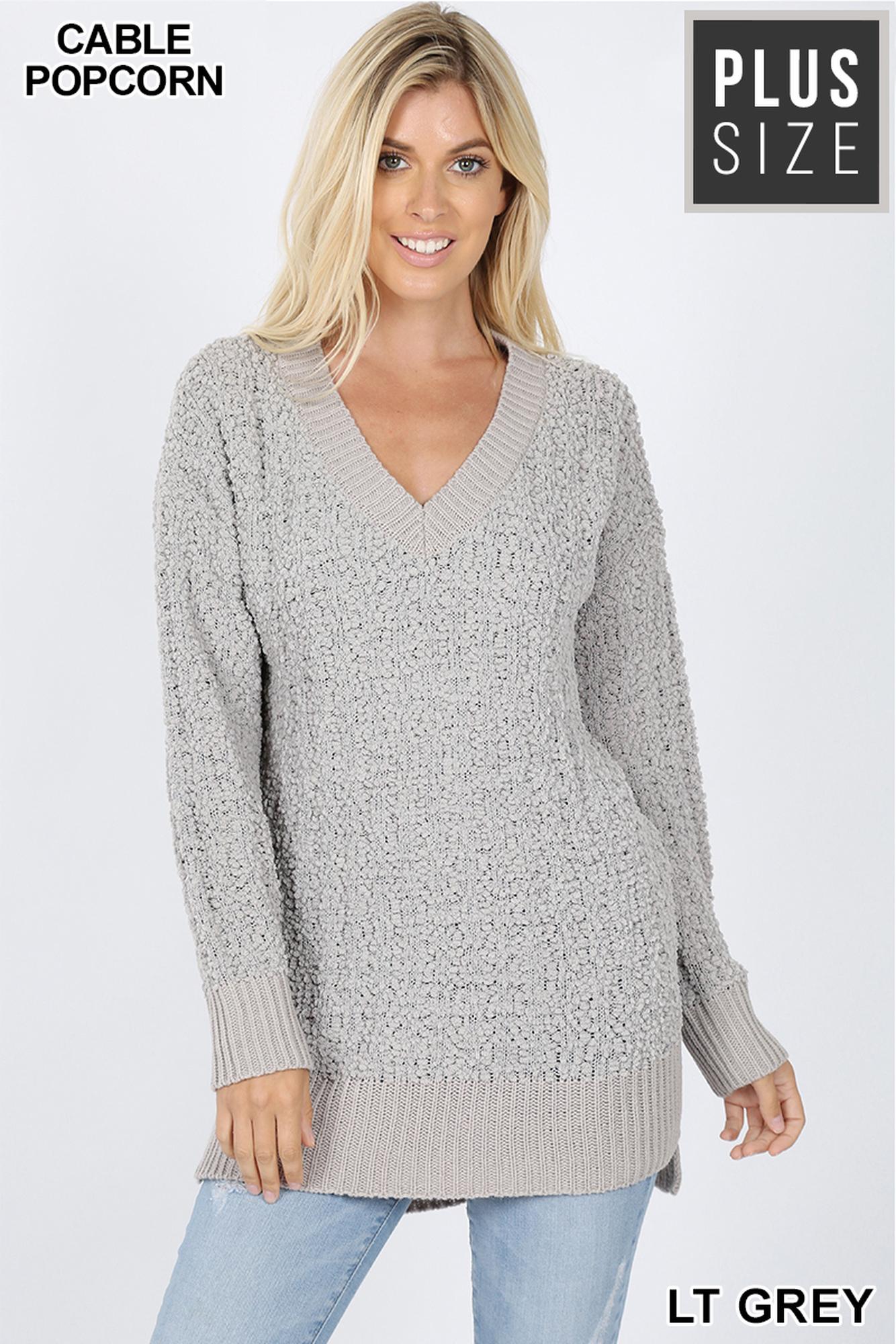 Cable Knit Popcorn V-Neck Hi-Low Plus Size Sweater