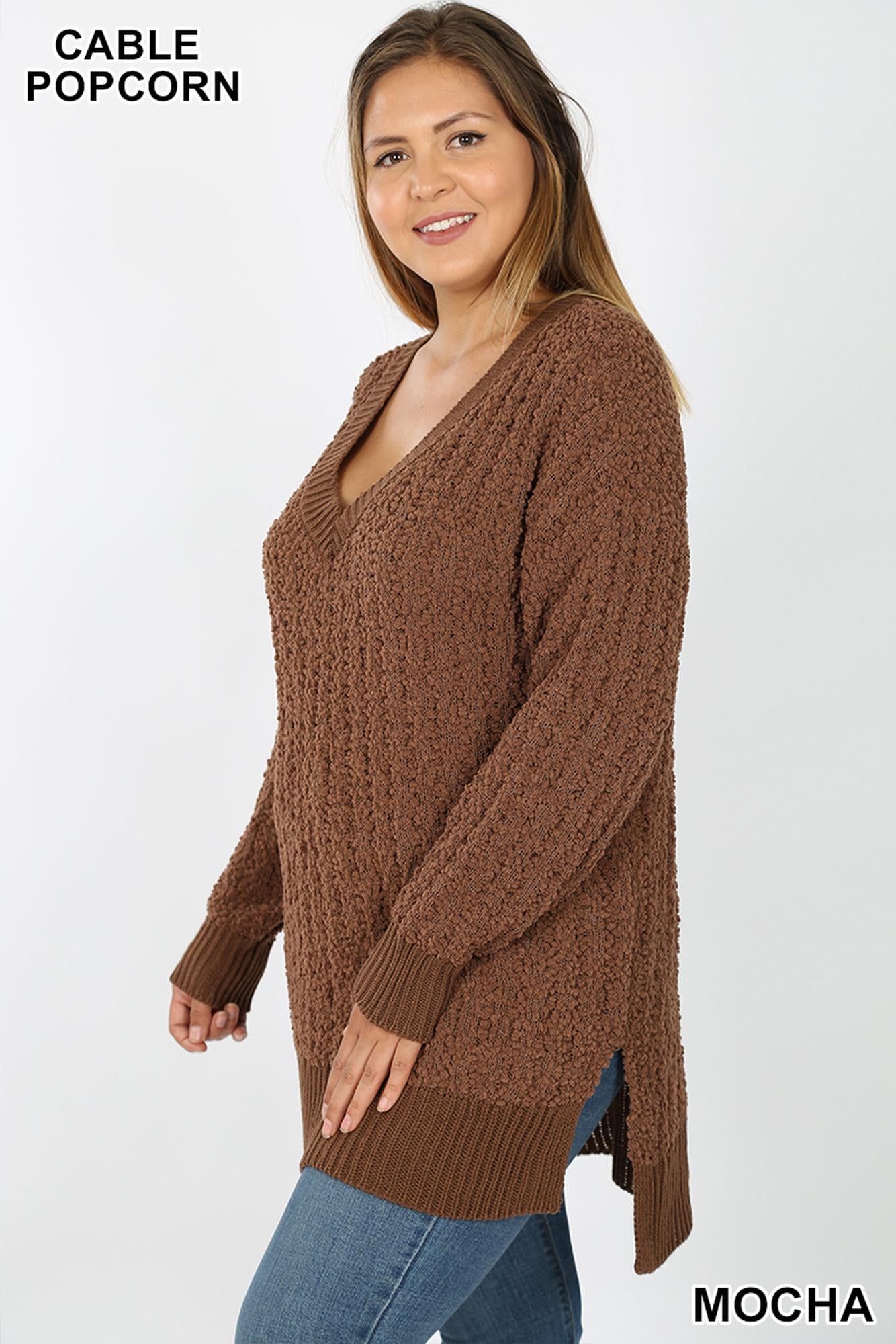 Cable Knit Popcorn V-Neck Hi-Low Plus Size Sweater