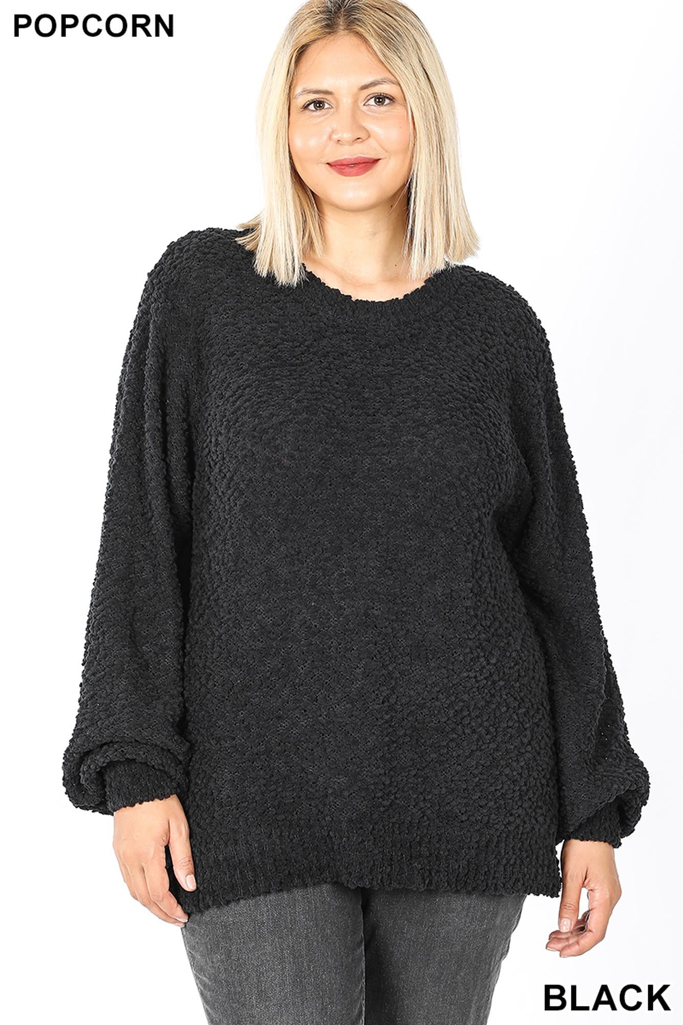 Popcorn Balloon Sleeve Round Neck Pullover Sweater - Plus Size - 1XL 2XL 3XL