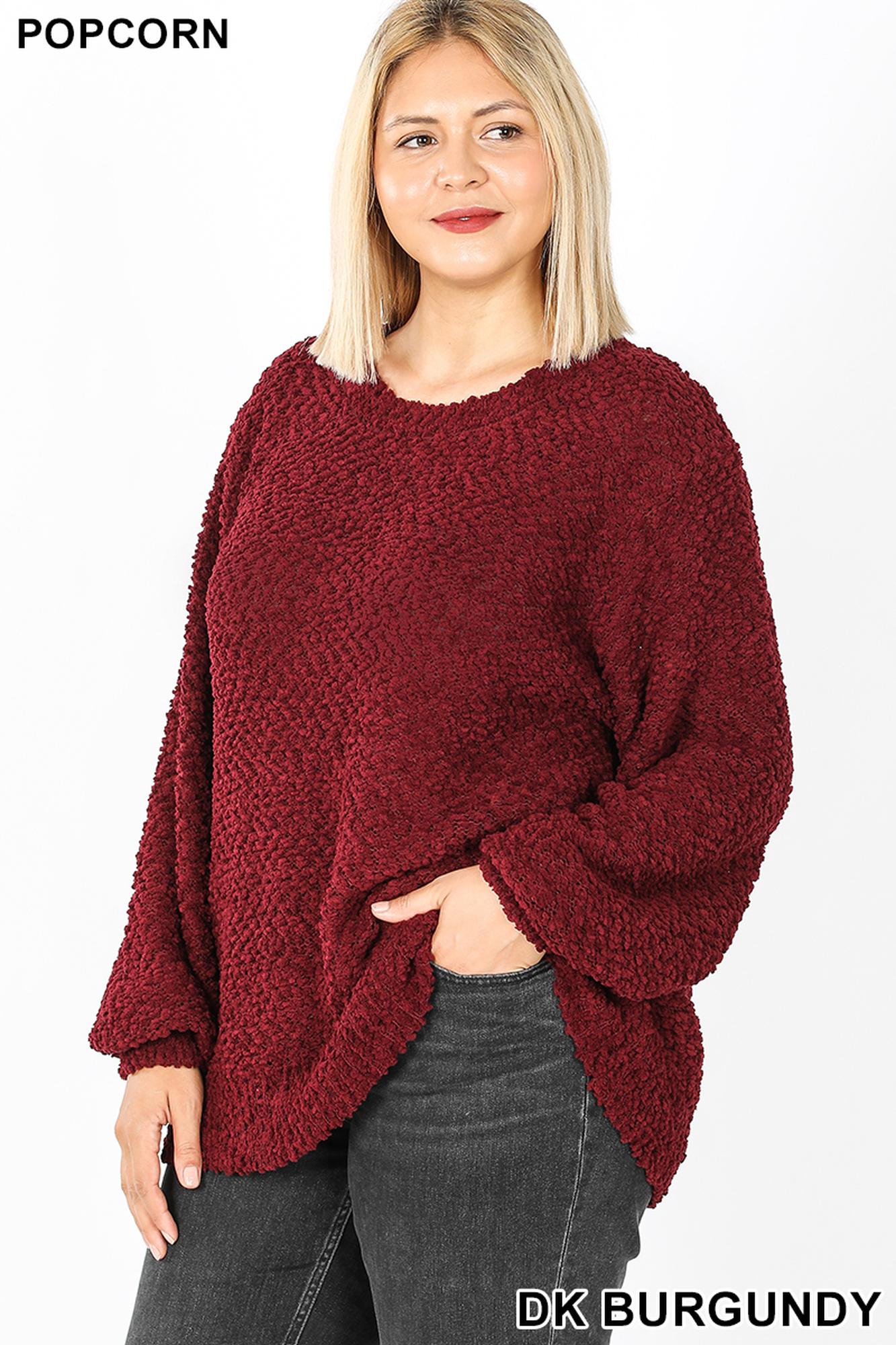 Popcorn Balloon Sleeve Round Neck Pullover Sweater - Plus Size - 1XL 2XL 3XL