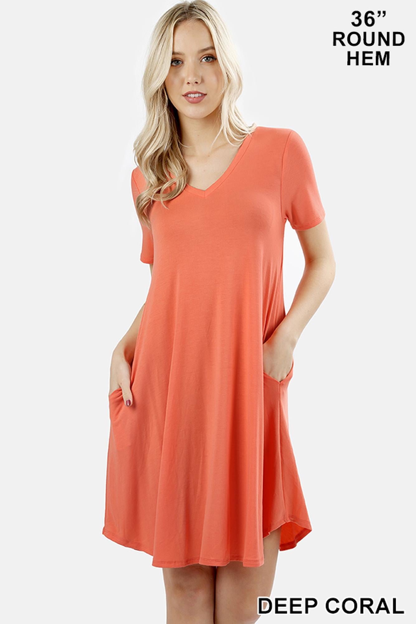 V-Neck Round Hem Short Sleeve Rayon Top with Pockets - 36 Inch Length