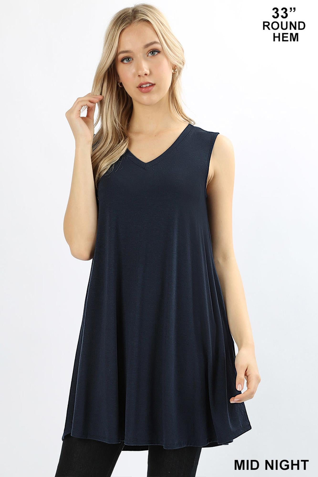 V-Neck Round Hem Short Sleeve Rayon Top with Pockets - 36 Inch Length