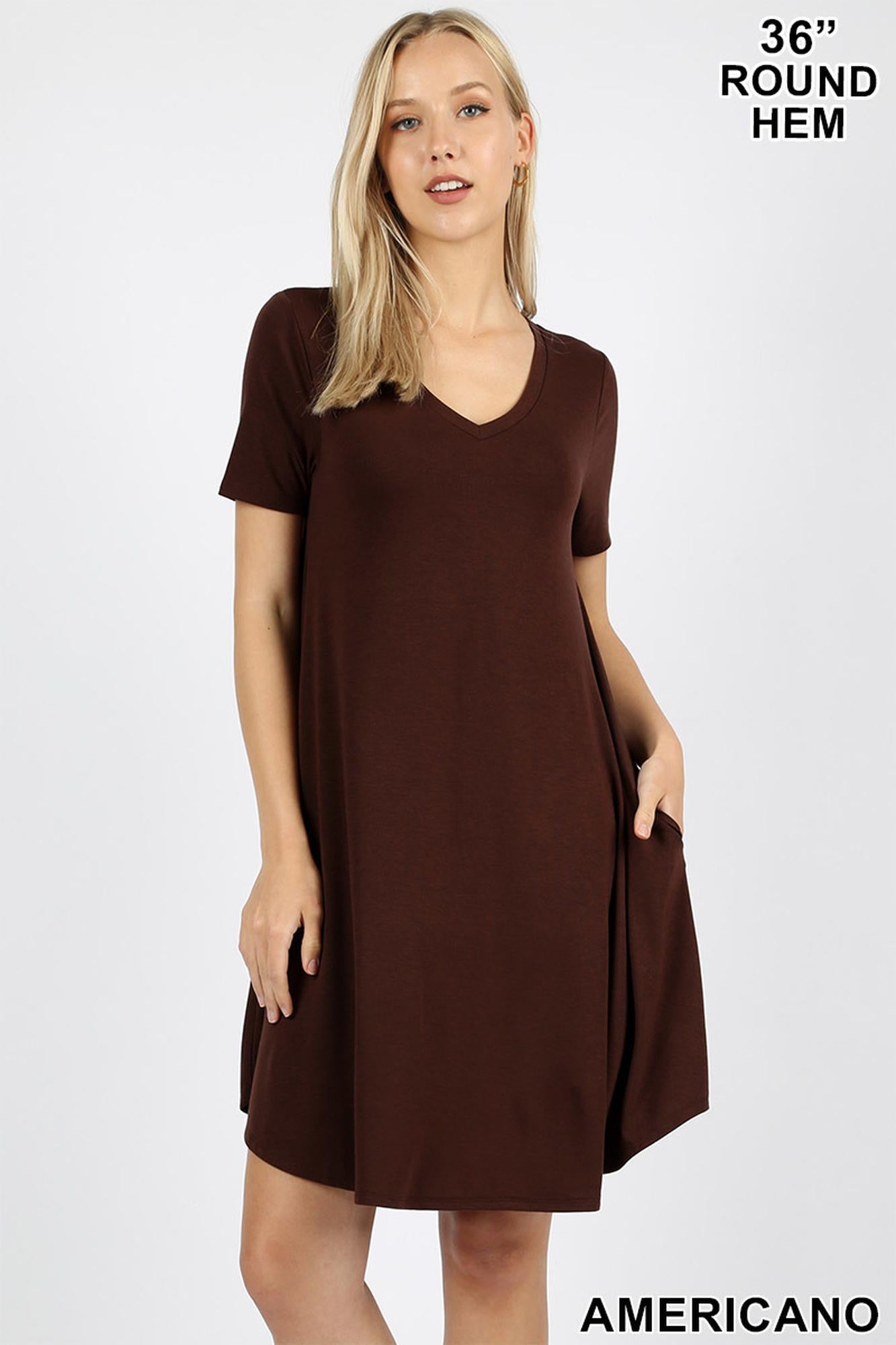 V-Neck Round Hem Short Sleeve Rayon Top with Pockets - 36 Inch Length