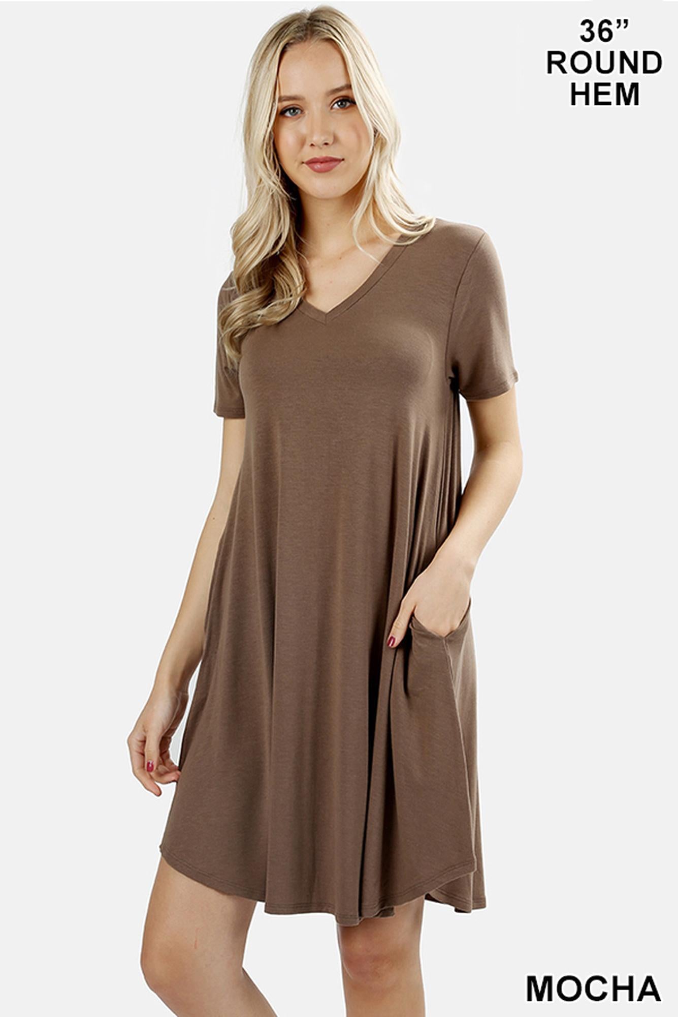 V-Neck Round Hem Short Sleeve Rayon Top with Pockets - 36 Inch Length