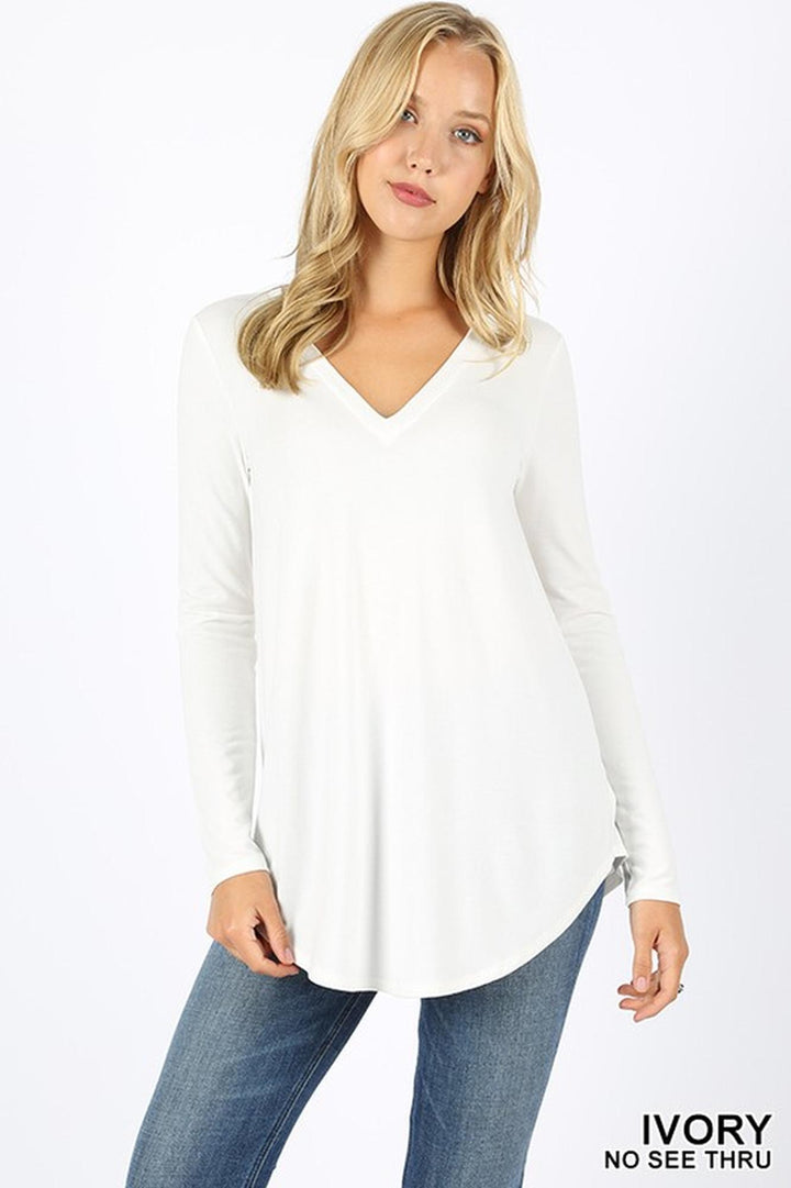 Premium V-Neck Round Hem Long Sleeve Top