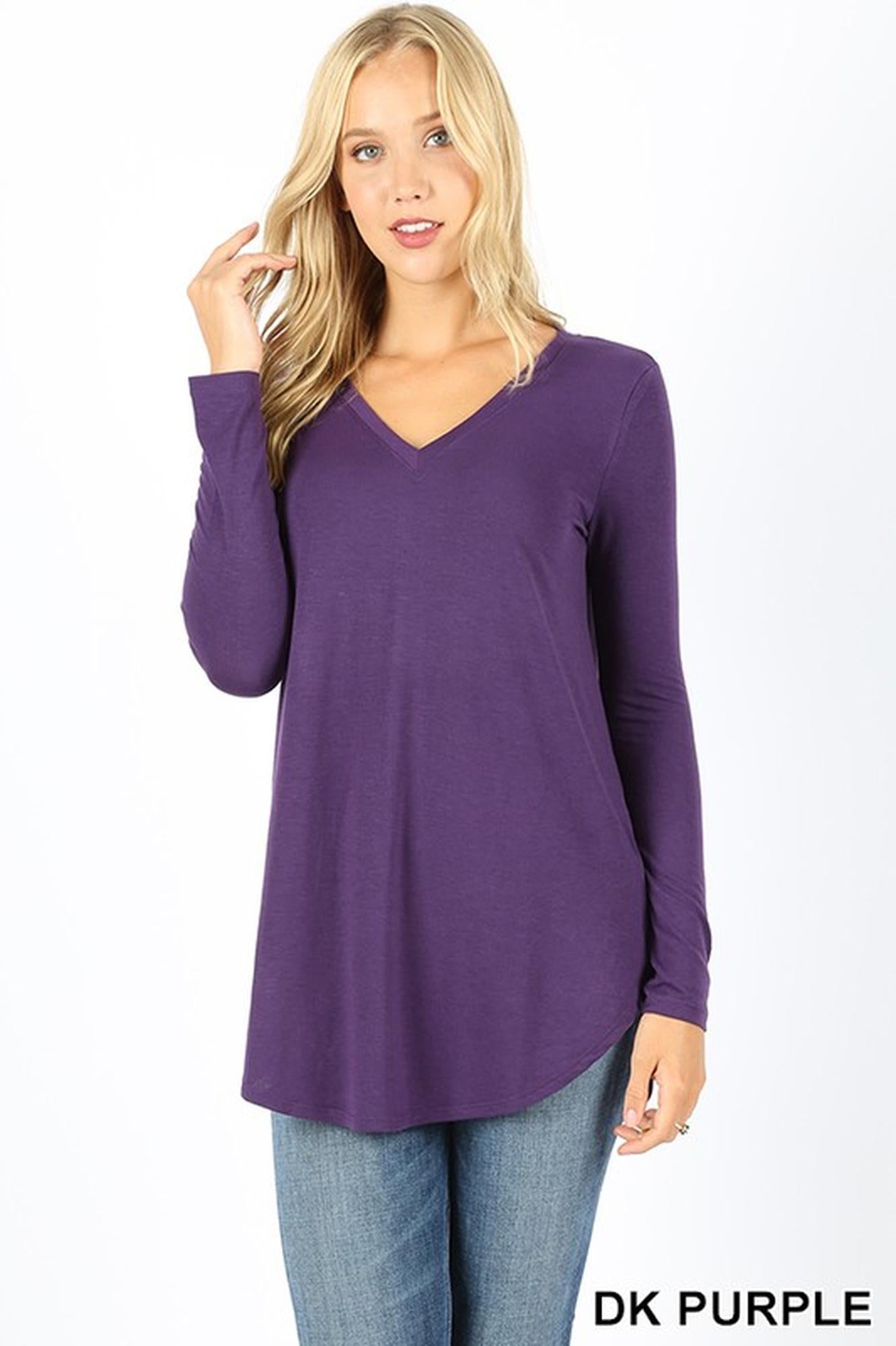Premium V-Neck Round Hem Long Sleeve Top