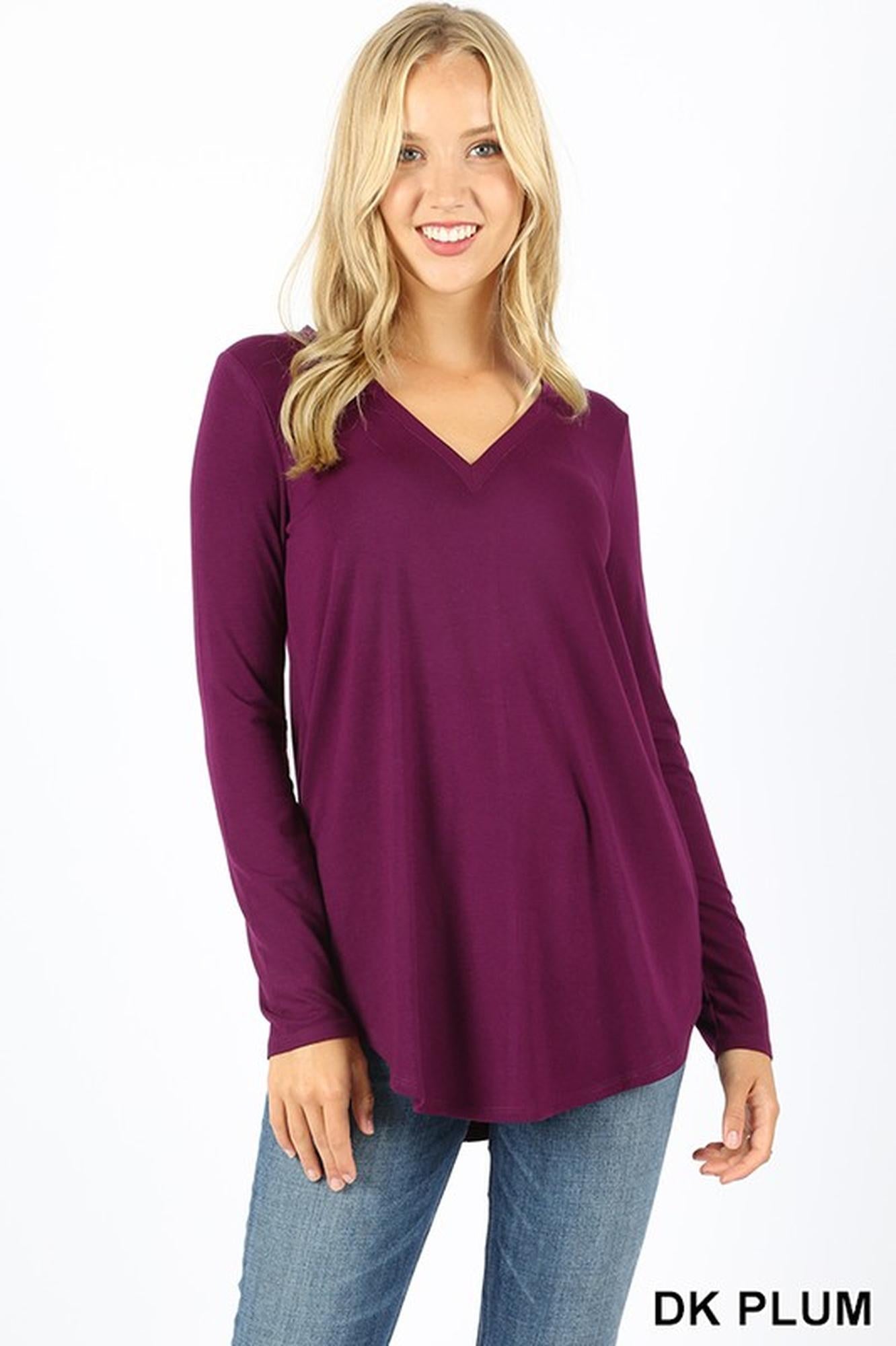Premium V-Neck Round Hem Long Sleeve Top