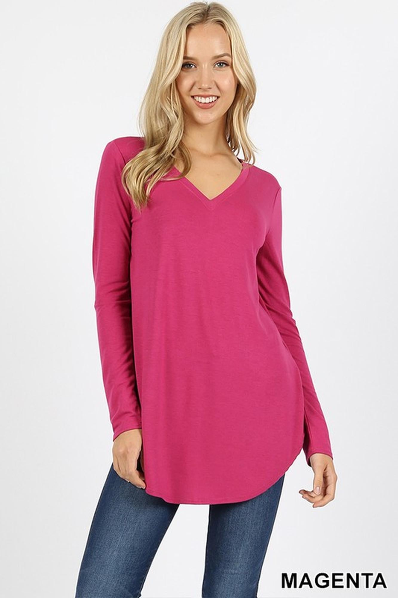 Premium V-Neck Round Hem Long Sleeve Top