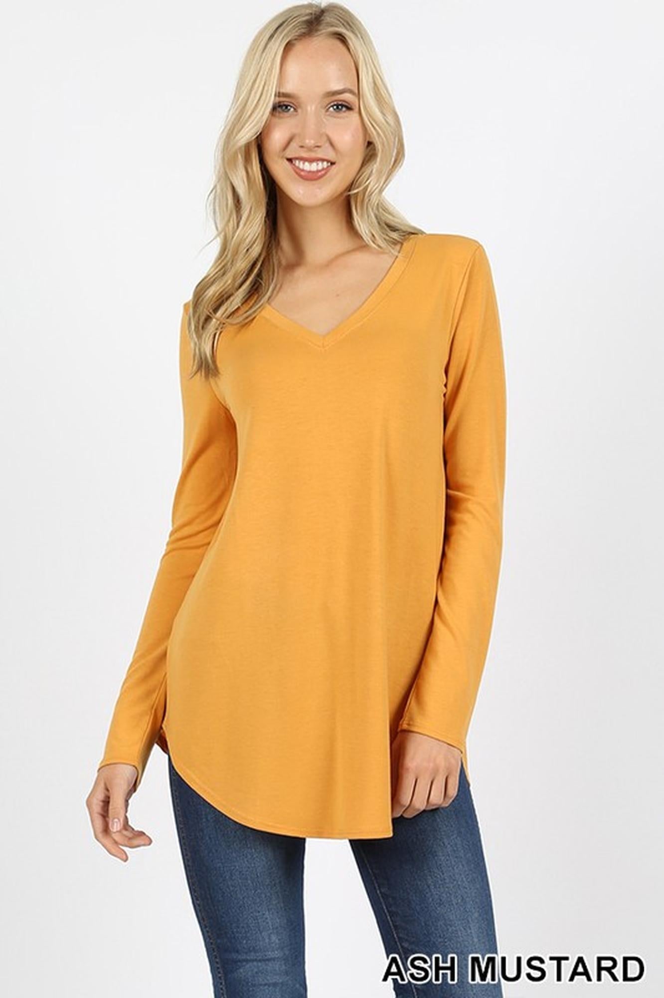 Premium V-Neck Round Hem Long Sleeve Top
