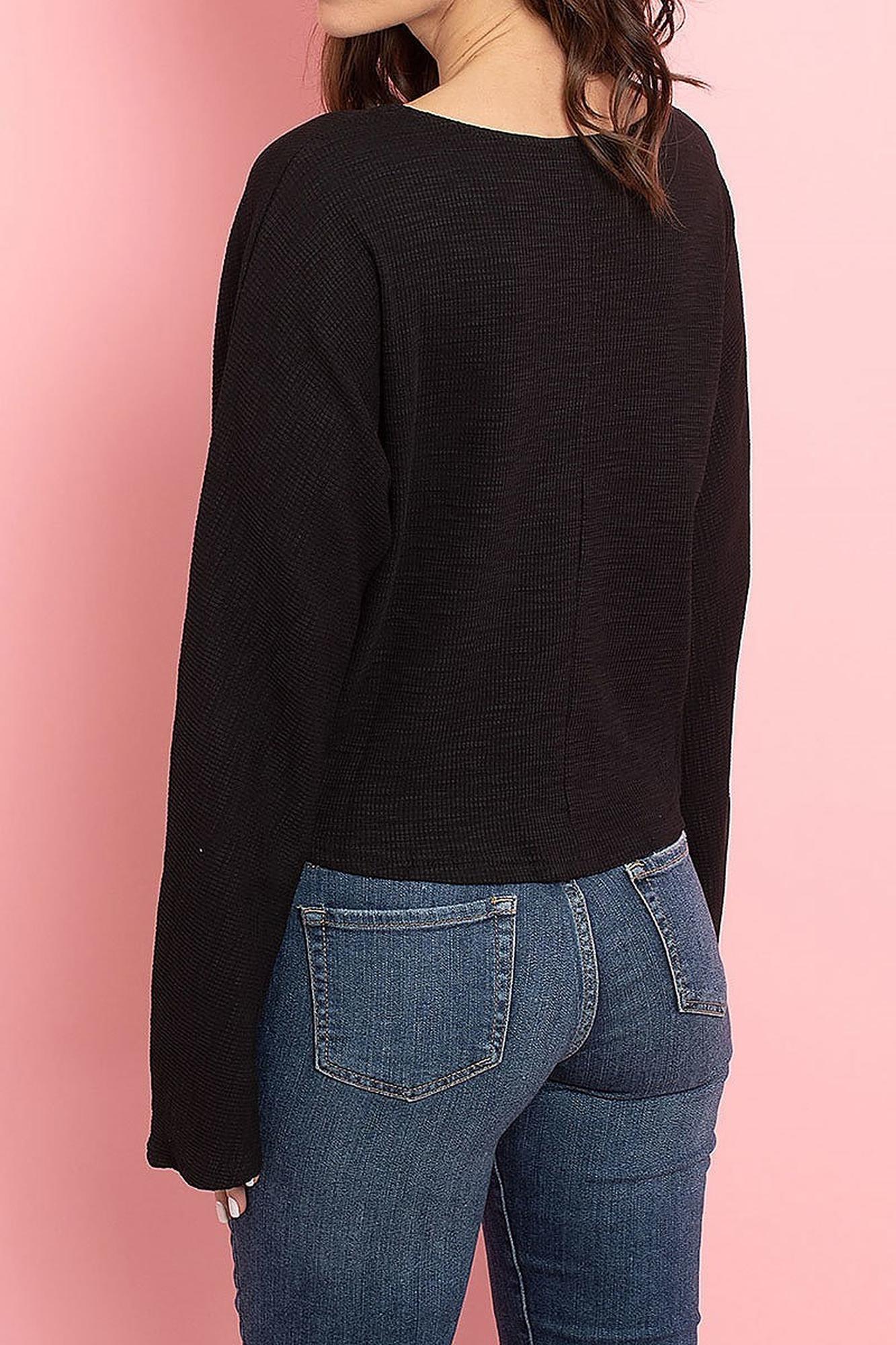Cropped Waist Tie Hem Long Sleeve Cotton V-Neck Top