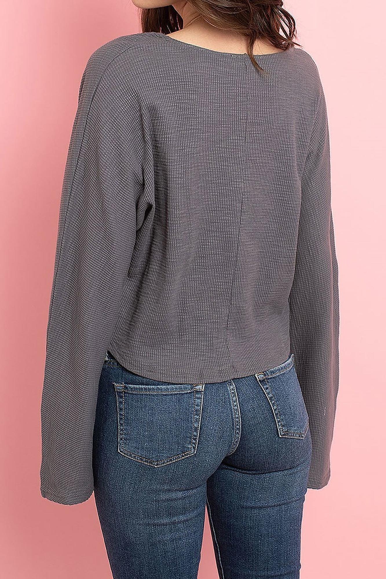 Cropped Waist Tie Hem Long Sleeve Cotton V-Neck Top