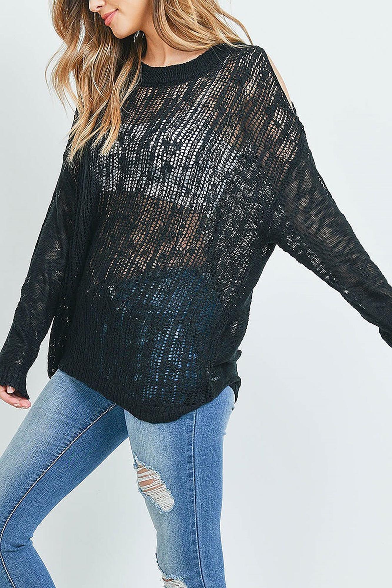 Sheer Crochet Detail Cold Shoulder Sweater