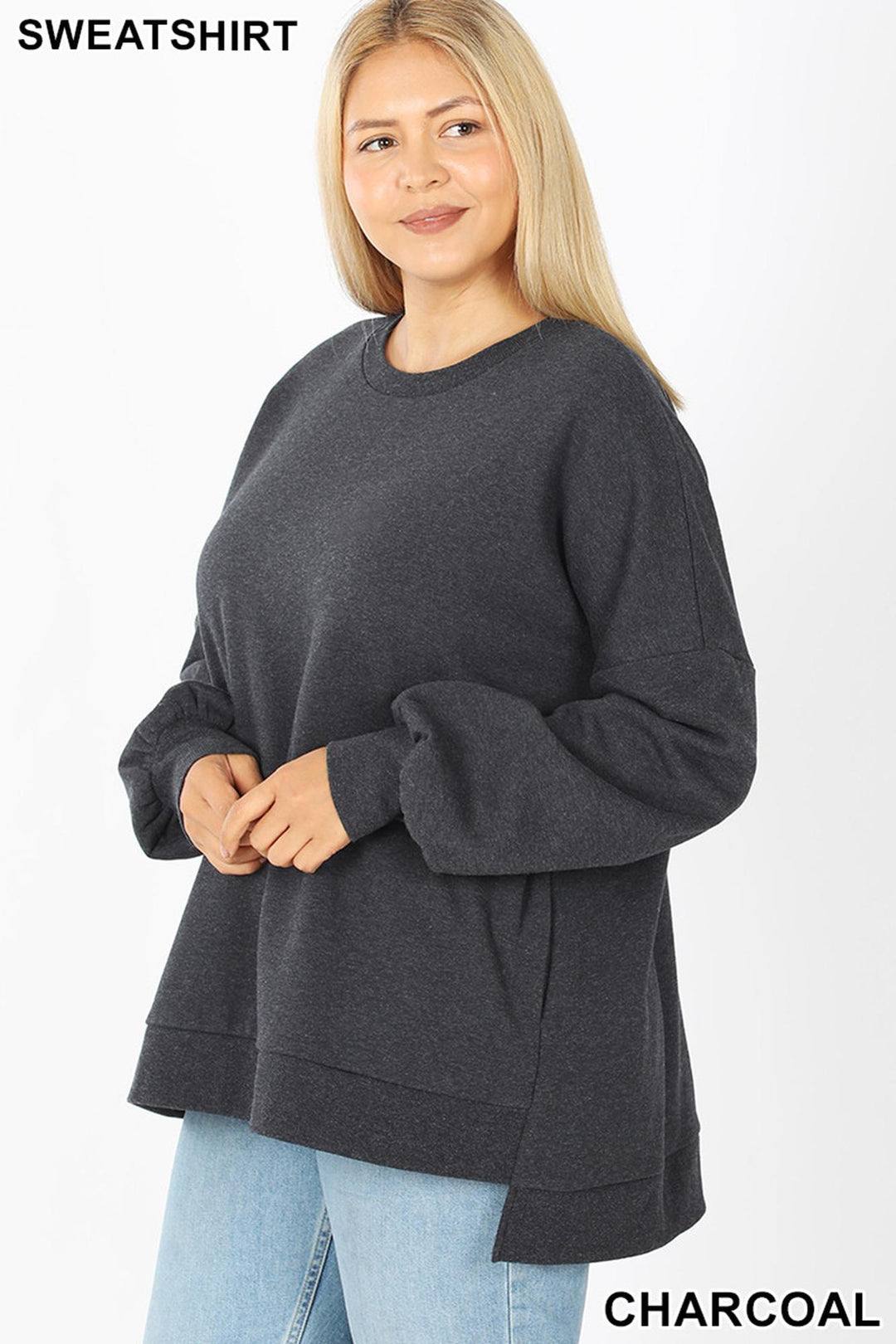 Crew Neck Hi-Low Pullover Top with Side Pockets