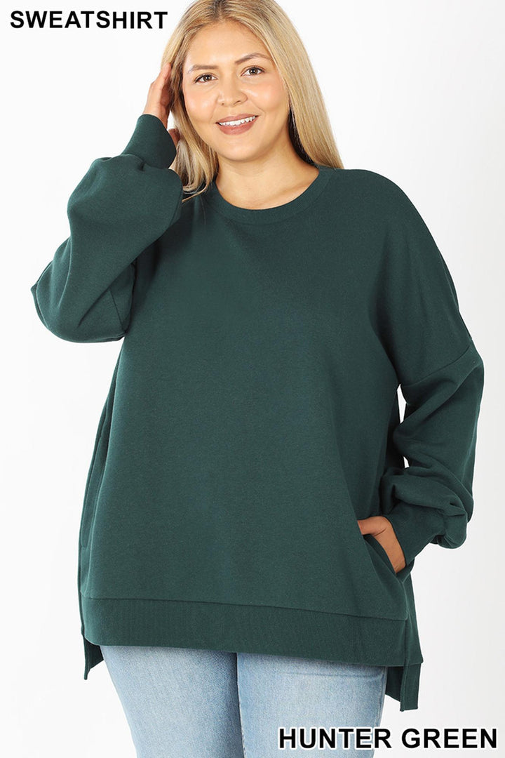 Crew Neck Hi-Low Pullover Top with Side Pockets