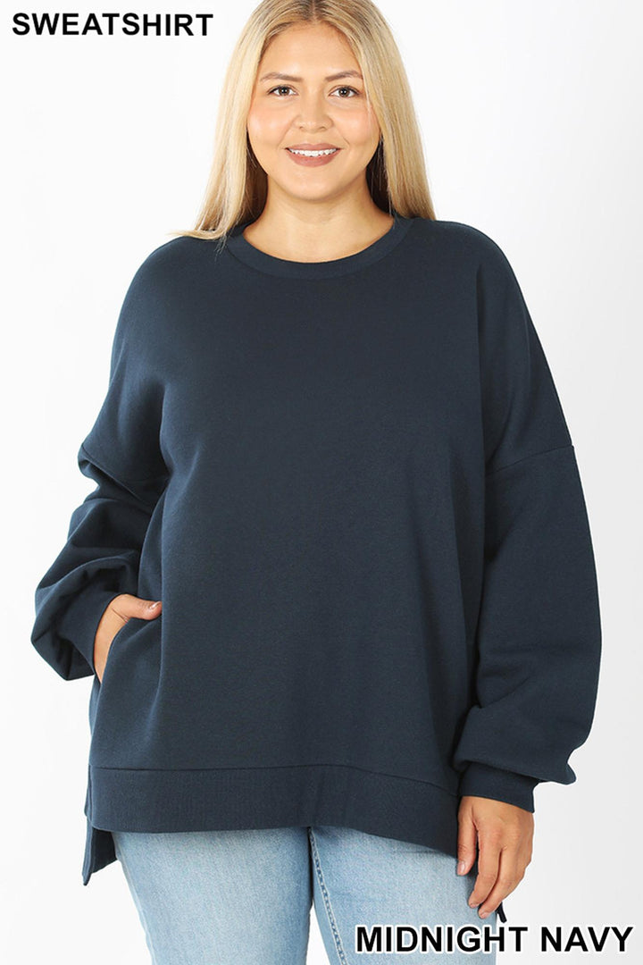 Crew Neck Hi-Low Pullover Top with Side Pockets