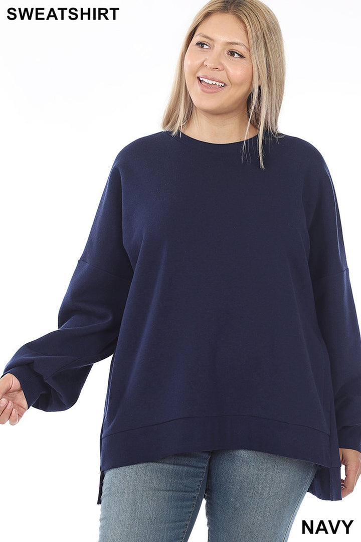 Crew Neck Hi-Low Pullover Top with Side Pockets