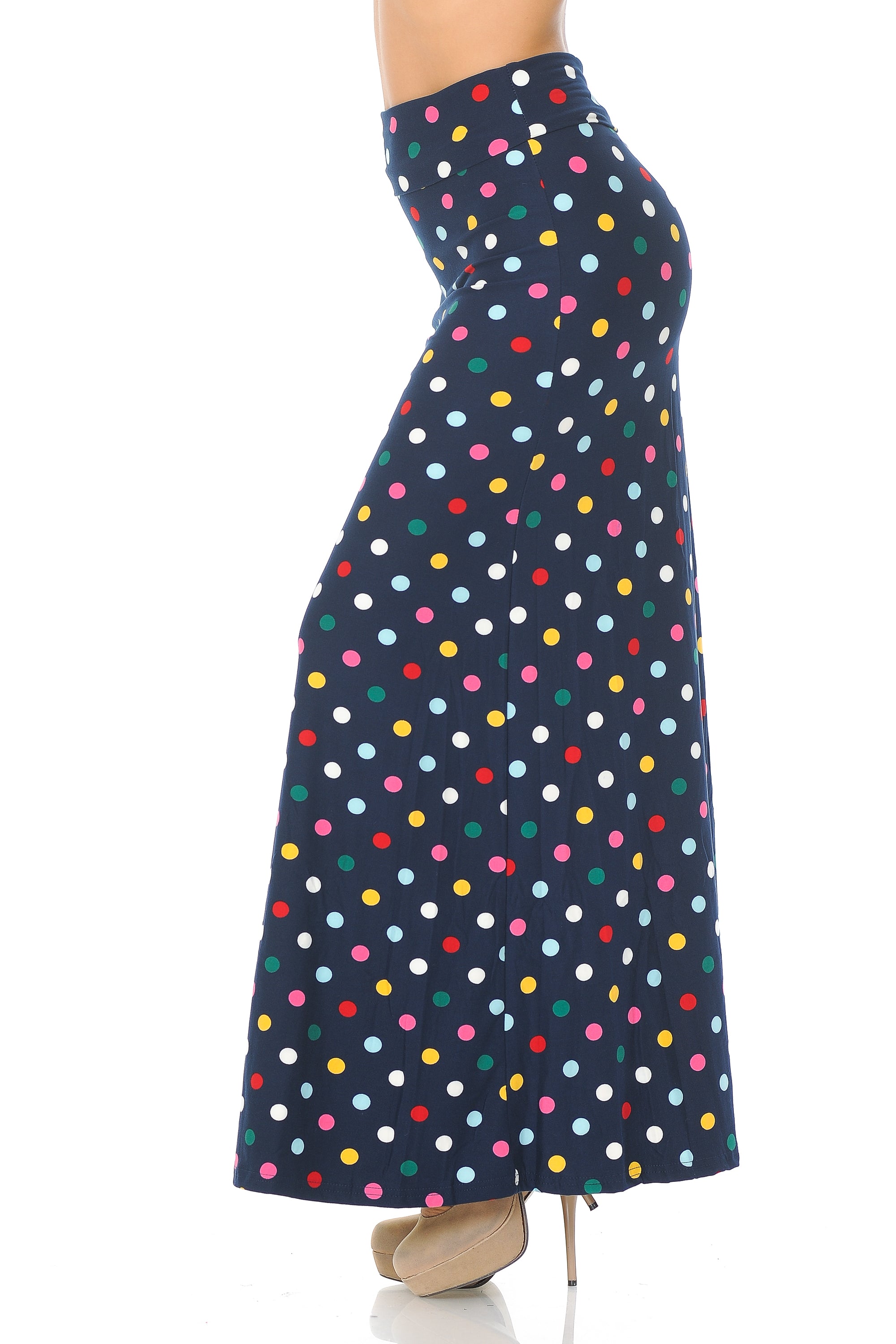 Buttery Soft Colorful Polka Dot Maxi Skirt (One Size Regular,Navy)