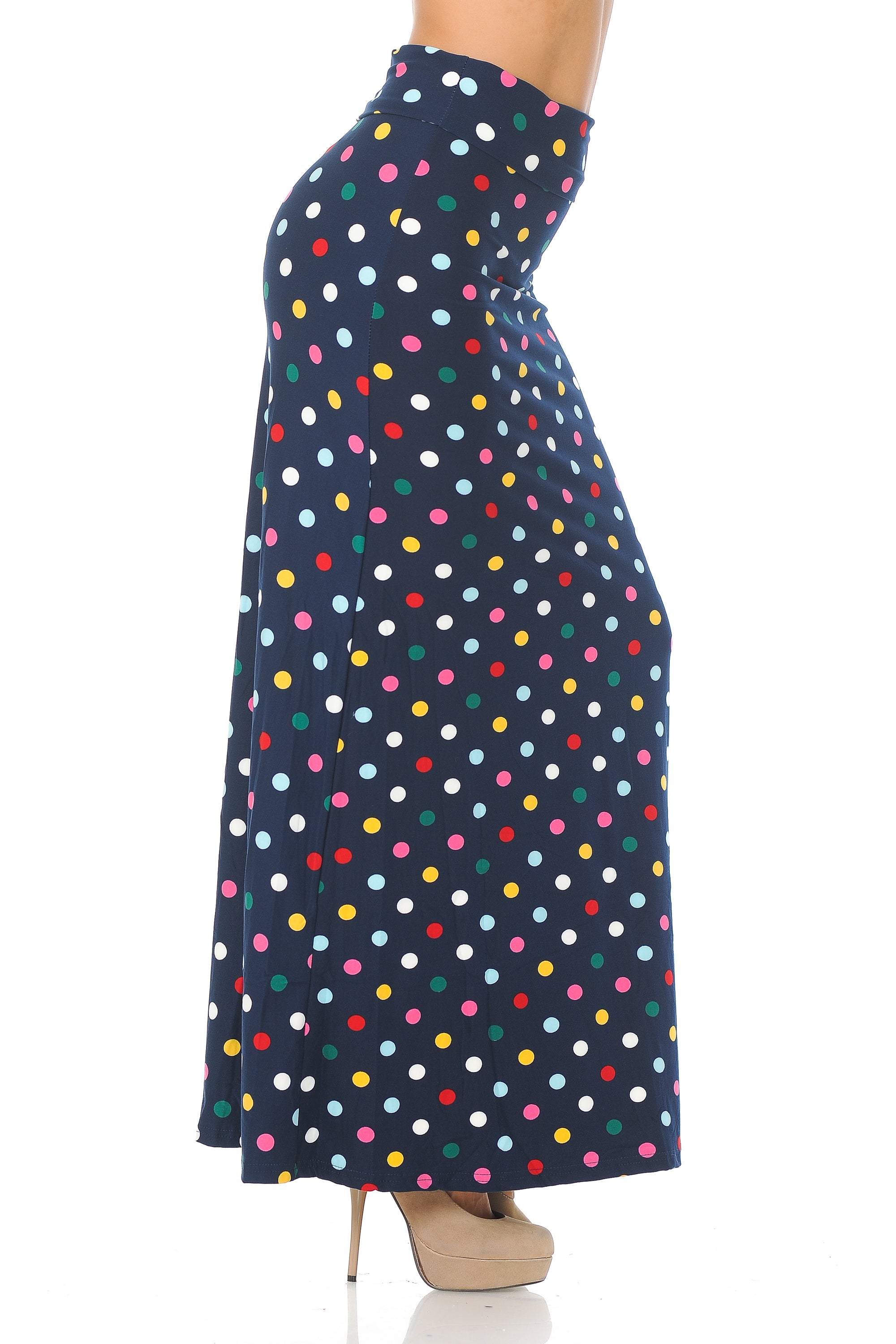 Buttery Soft Colorful Polka Dot Maxi Skirt (One Size Regular,Navy)