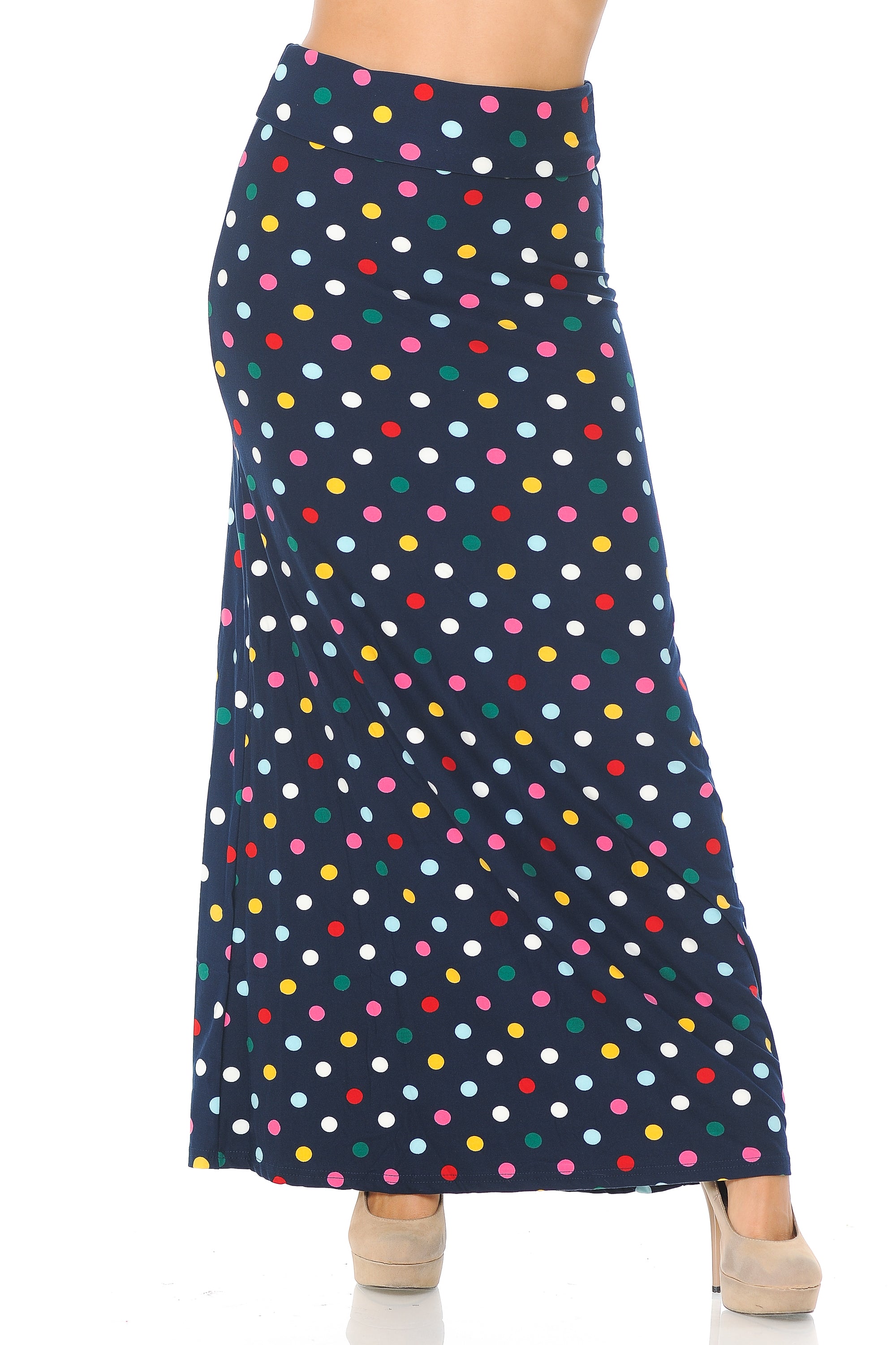 Buttery Soft Colorful Polka Dot Maxi Skirt (One Size Regular,Navy)