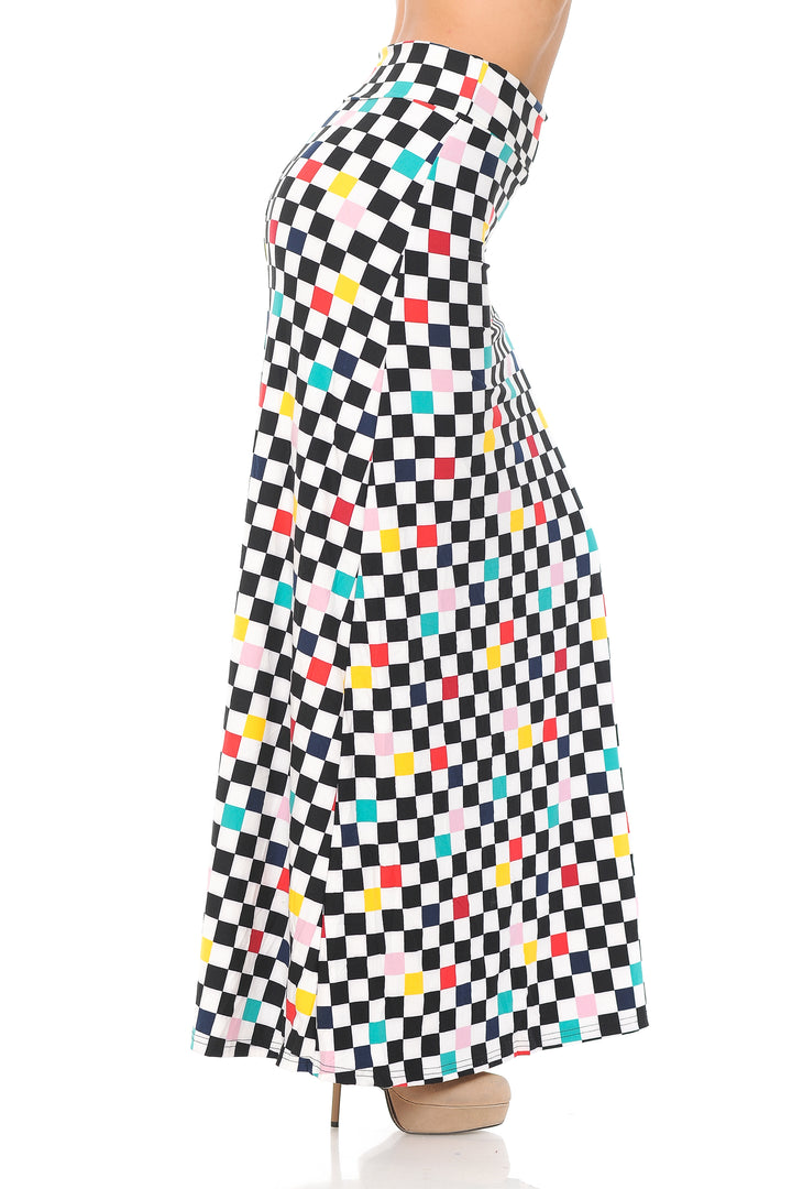 Buttery Soft Color Accent Checkered Maxi Skirt (One Size Regular,White)