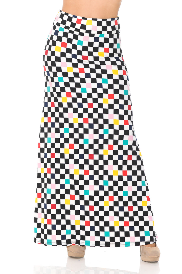 Buttery Soft Color Accent Checkered Maxi Skirt (One Size Regular,White)