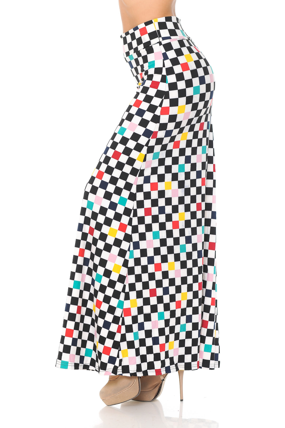 Buttery Soft Color Accent Checkered Maxi Skirt (One Size Regular,White)
