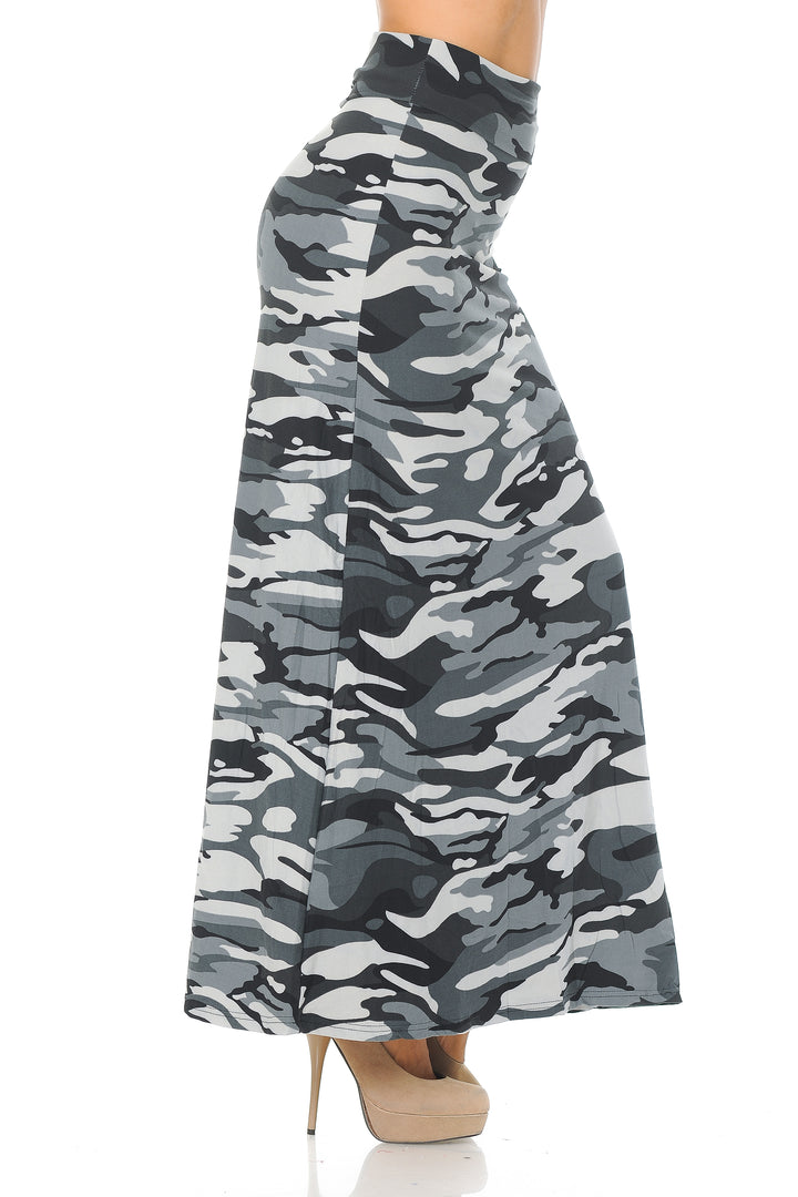 Buttery Soft Charcoal Camouflage Plus Size Maxi Skirt (One Size Plus,Charcoal)