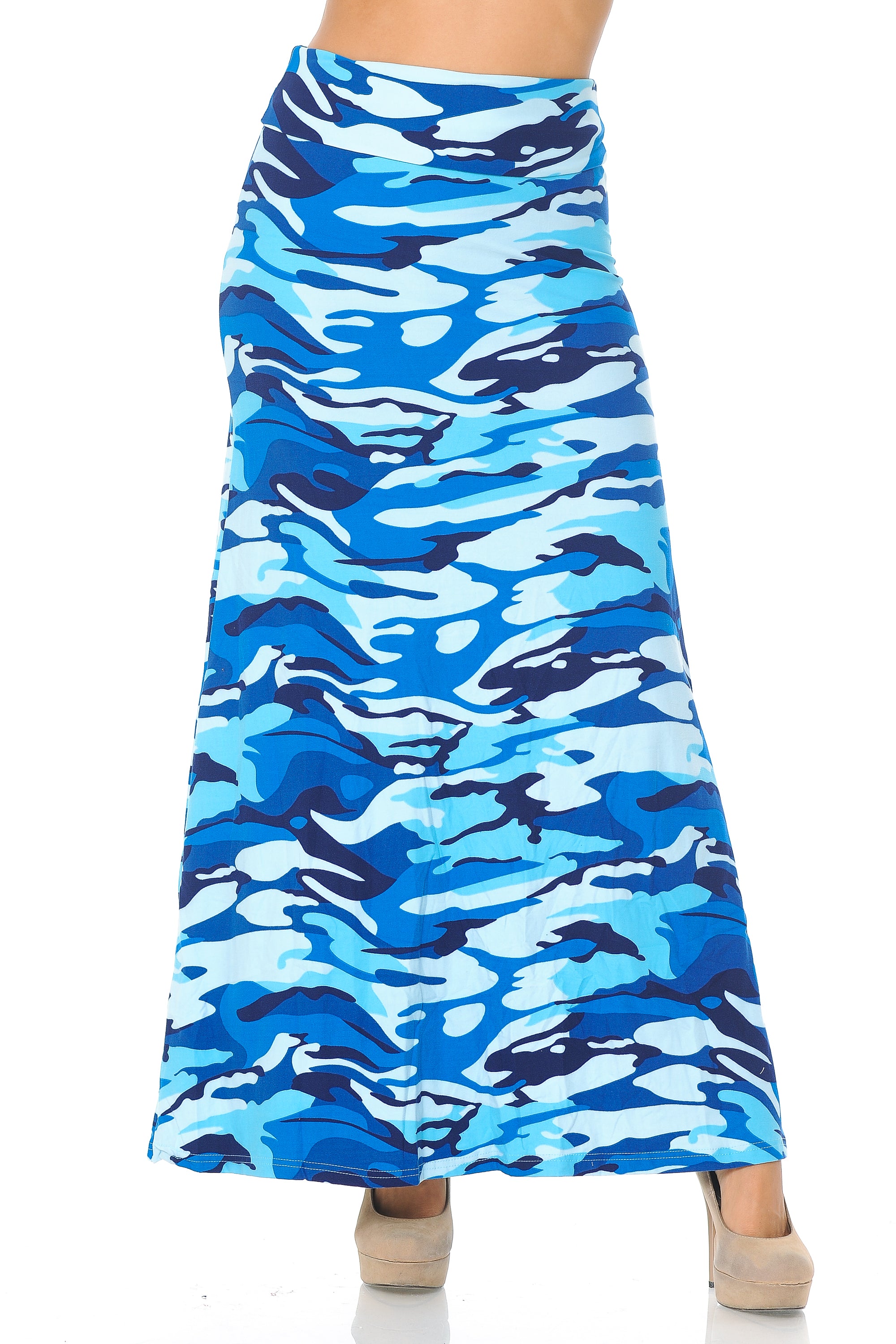 Buttery Soft Blue Camouflage Plus Size Maxi Skirt (One Size Plus,Blue)