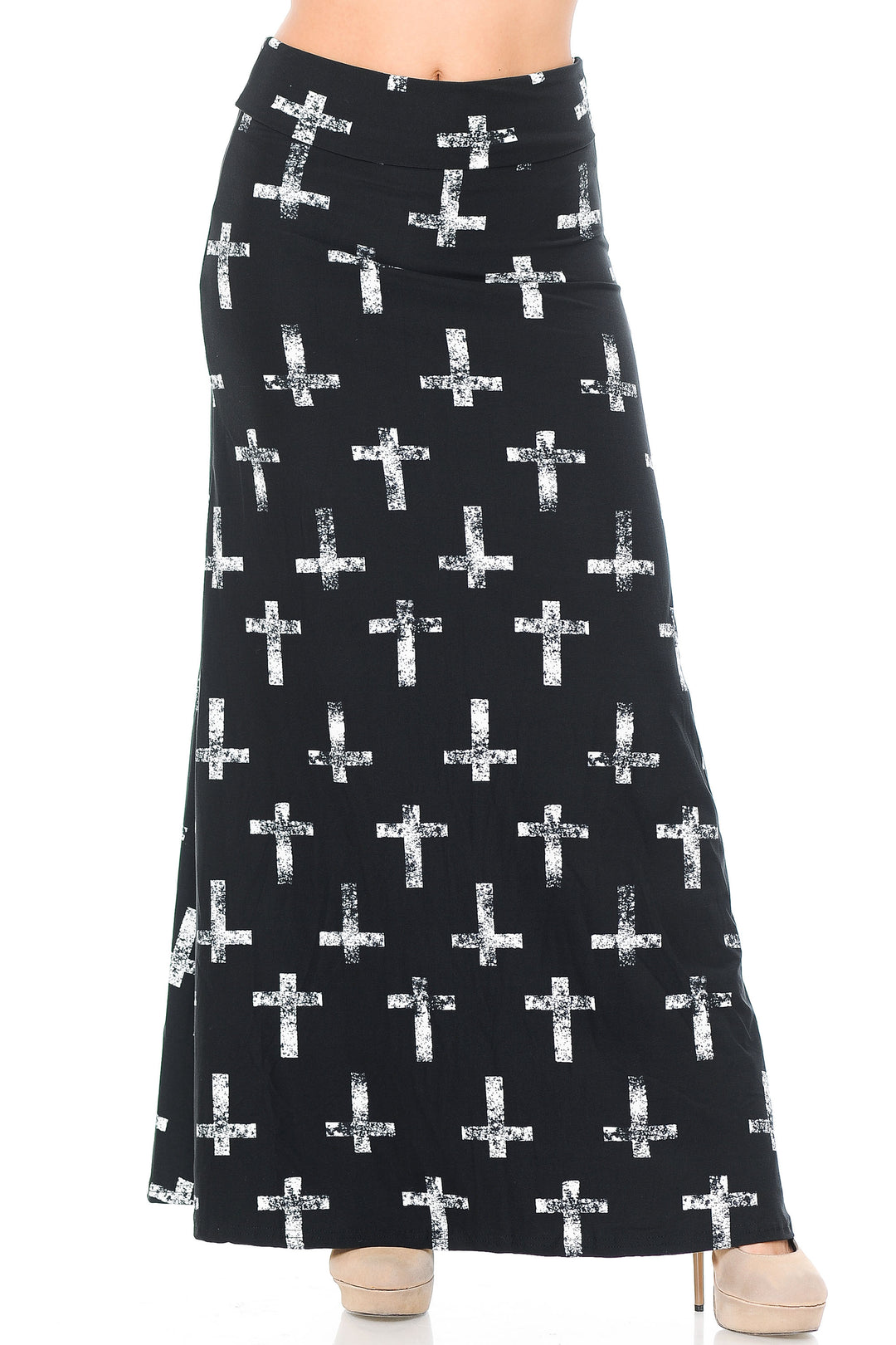 Buttery Soft Faded Cross Plus Size Maxi Skirt (One Size Plus,Black)