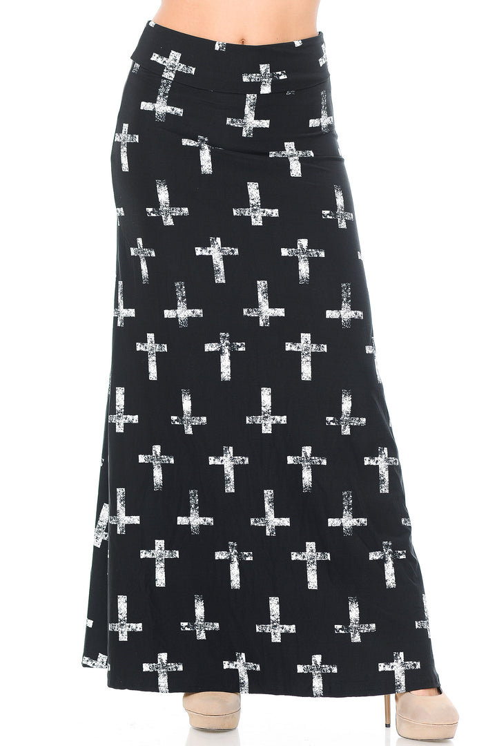 Buttery Soft Faded Cross Plus Size Maxi Skirt (One Size Plus,Black)