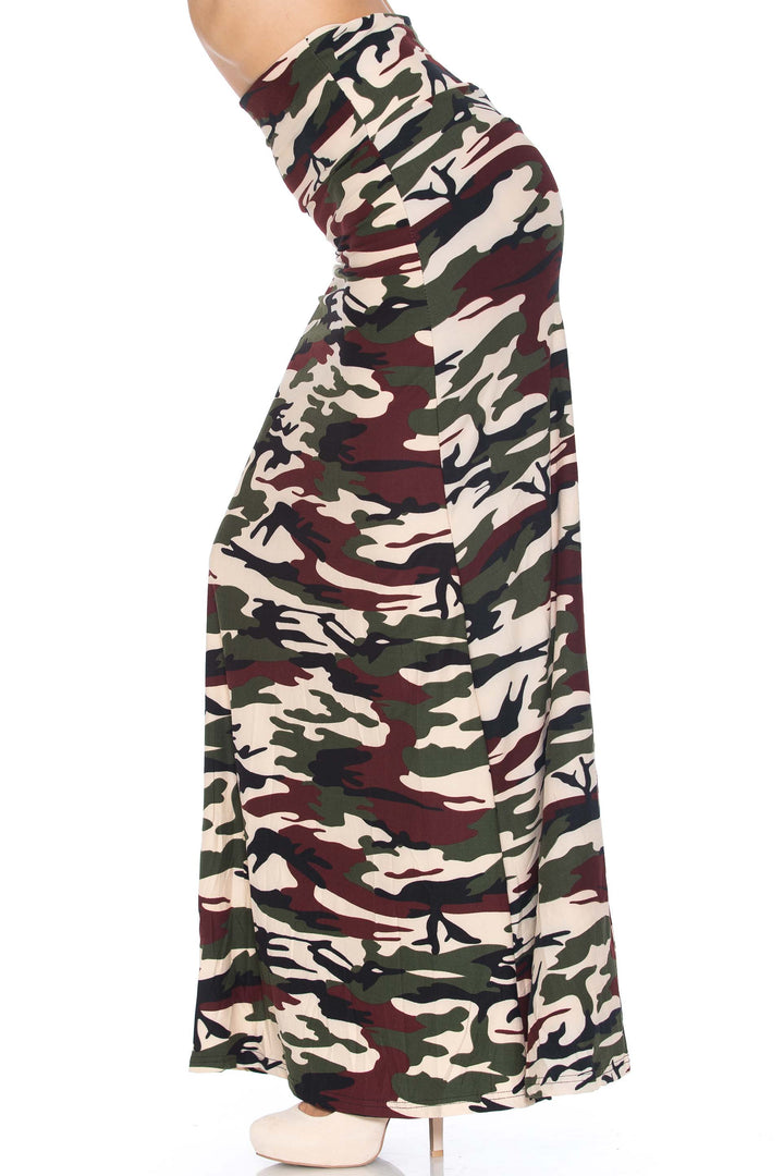 Buttery Soft Cozy Camouflage Plus Size Maxi Skirt (One Size Plus,Brown)