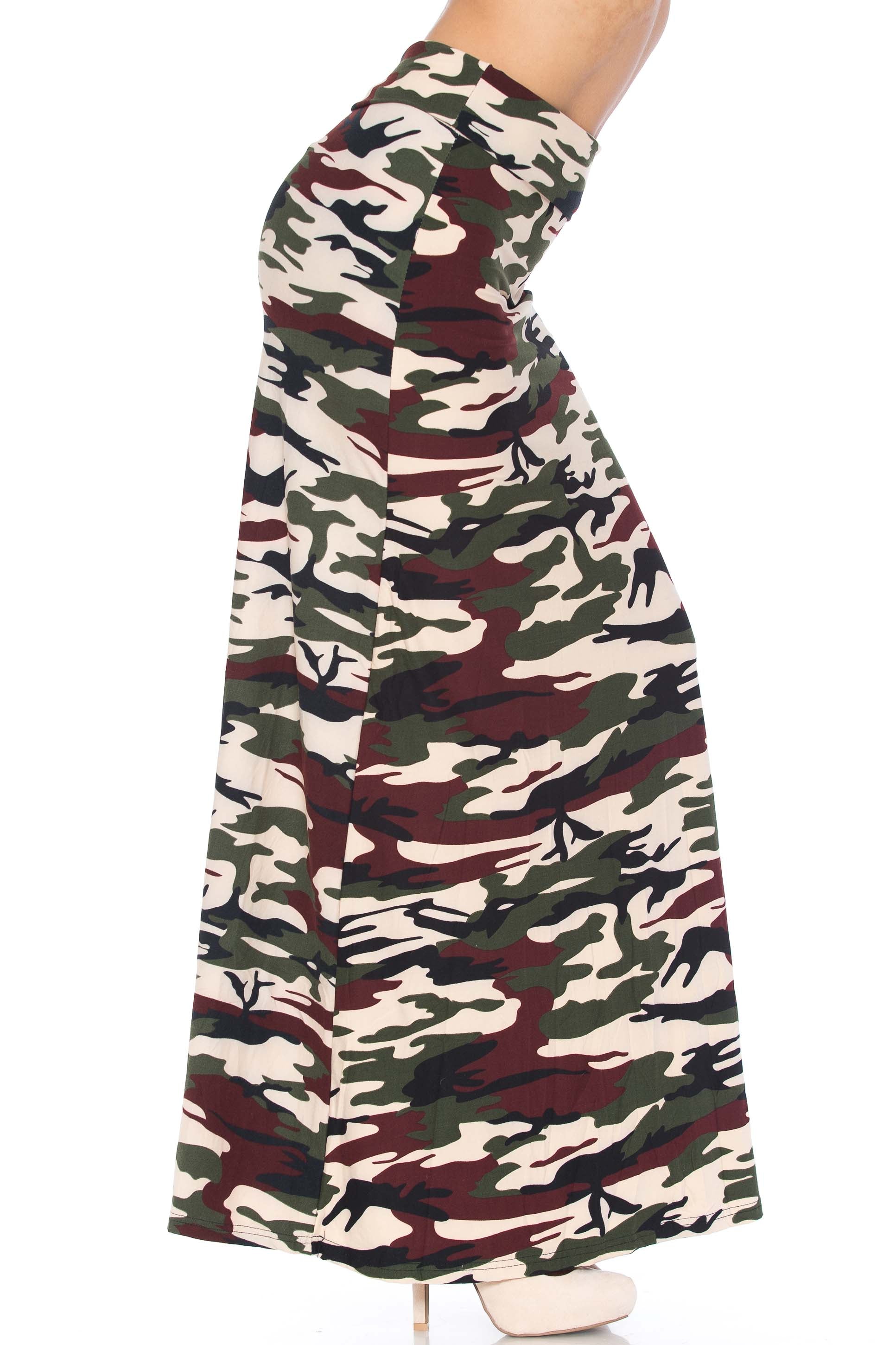 Buttery Soft Cozy Camouflage Plus Size Maxi Skirt (One Size Plus,Brown)