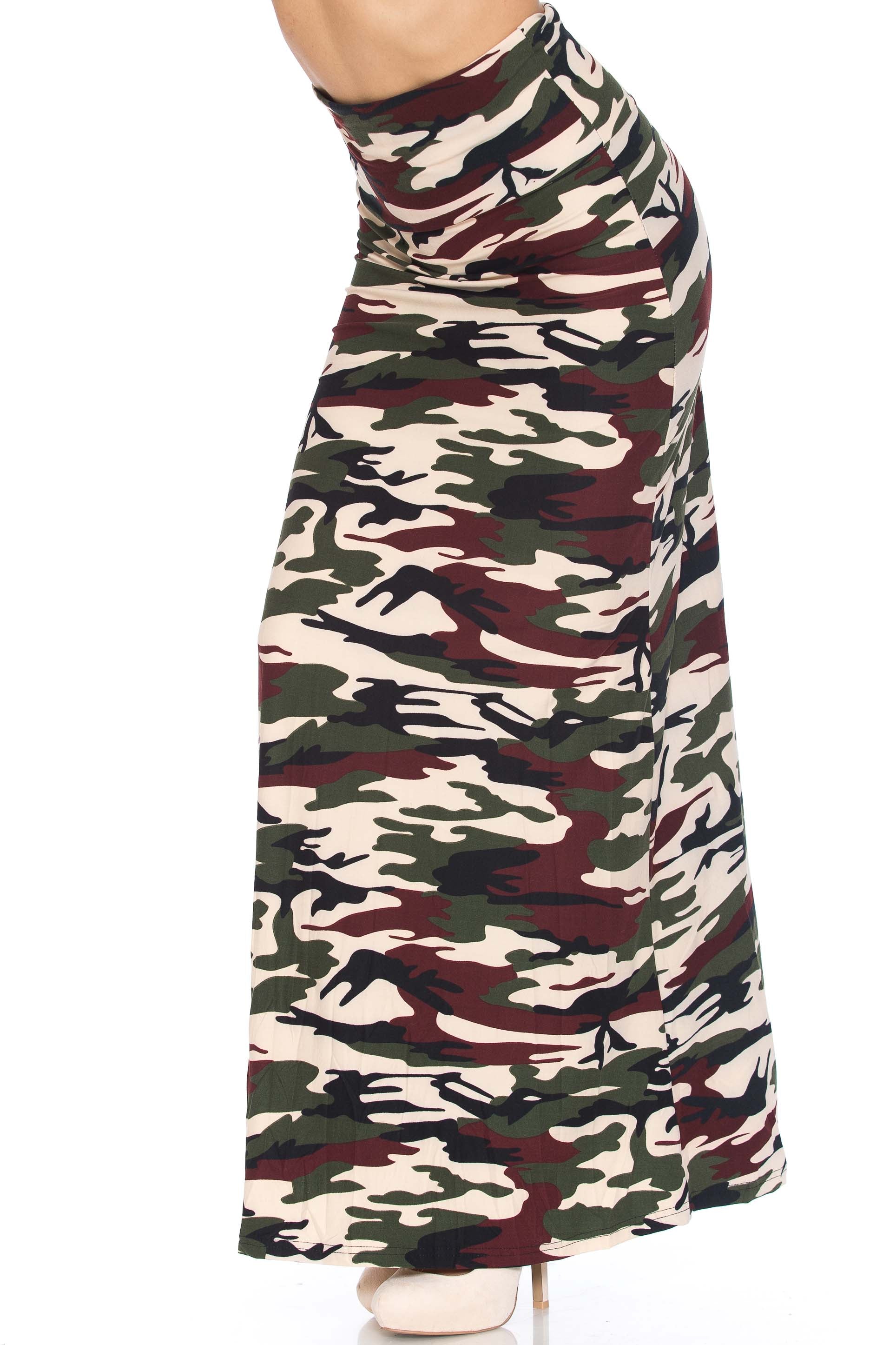 Buttery Soft Cozy Camouflage Plus Size Maxi Skirt (One Size Plus,Brown)