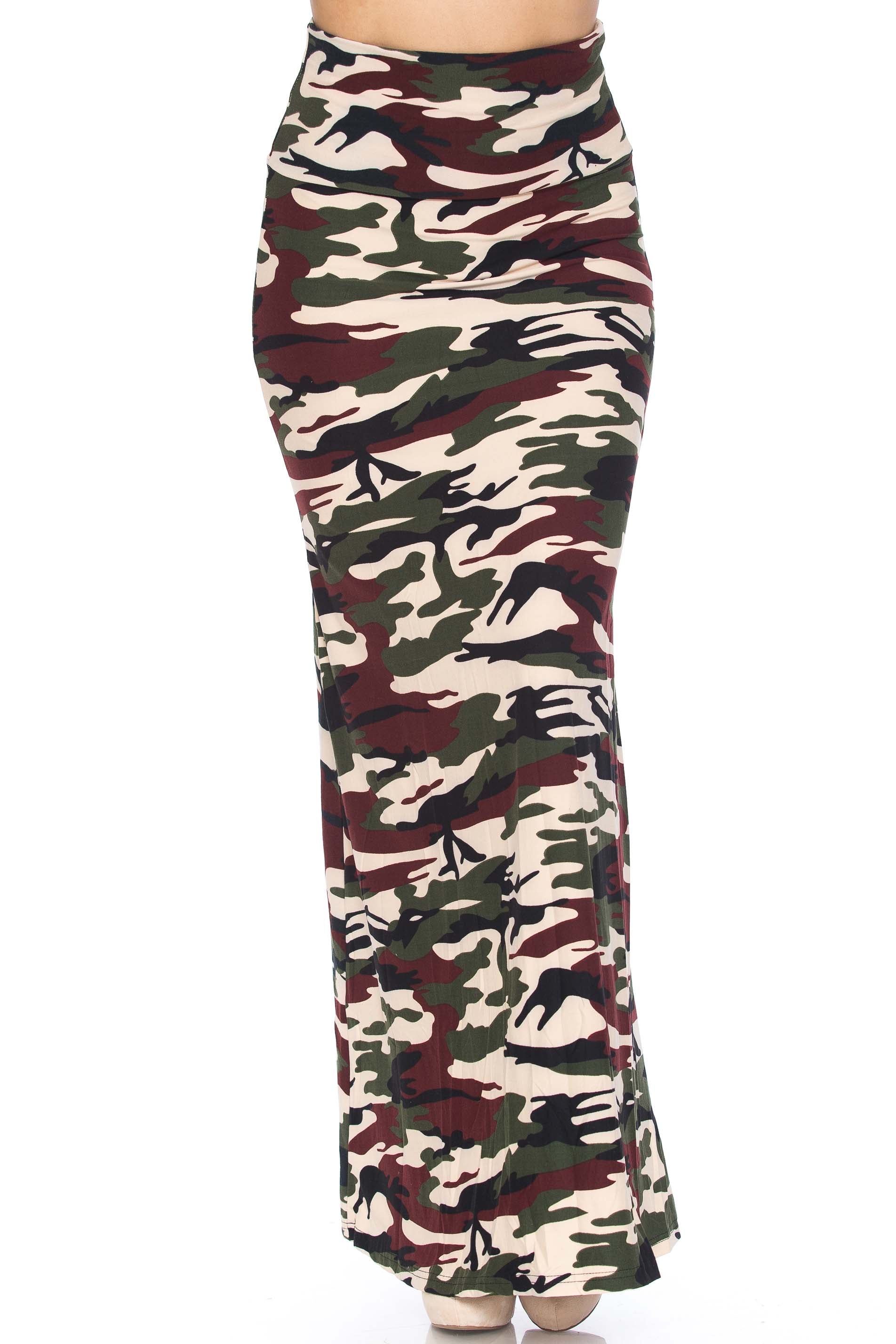 Buttery Soft Cozy Camouflage Plus Size Maxi Skirt (One Size Plus,Brown)