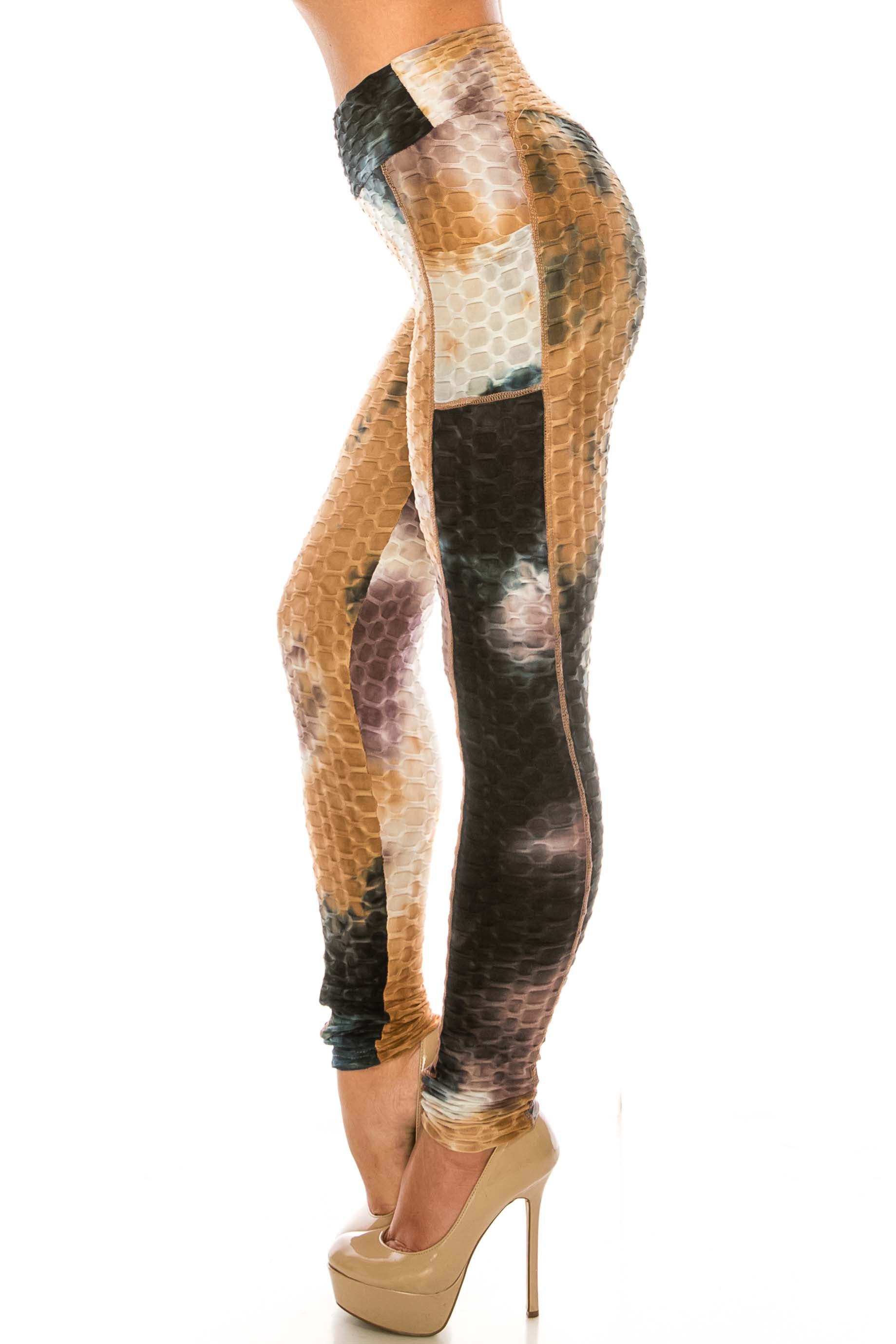 Premium Earthen Mocha Tie Dye Scrunch Butt Workout Leggings with Side Pockets