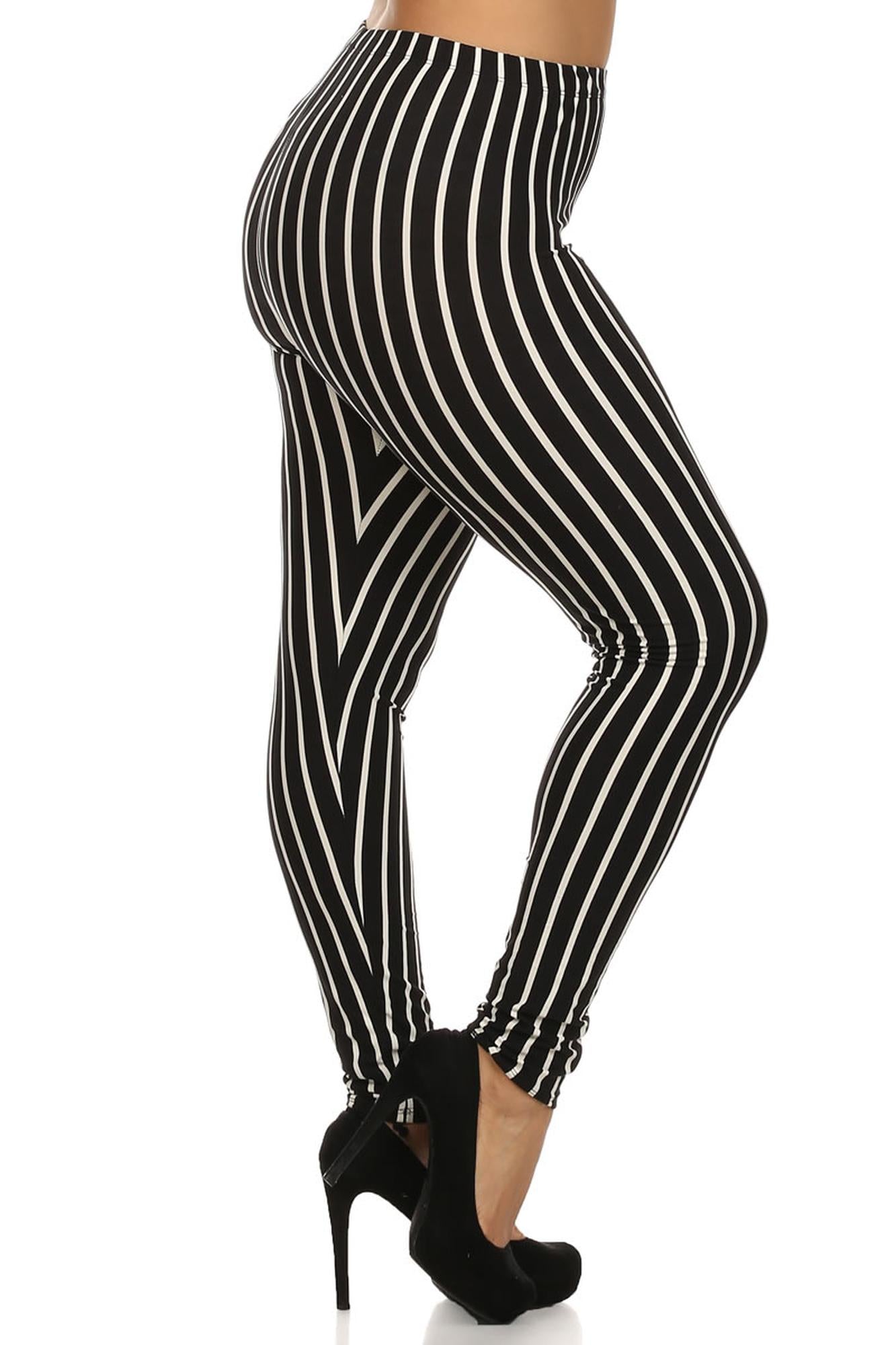 Plus Size - Buttery Soft Vertical Black Pinstripe Print Leggings