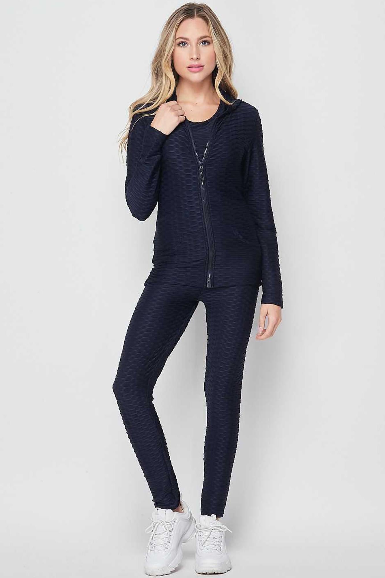 3 Piece Scrunch Butt Leggings Tank Top and Hooded Jacket Set