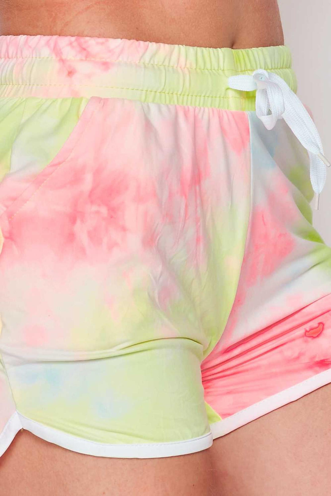Buttery Smooth Pink and Yellow Tie Dye Drawstring Waist Dolphin Shorts with Pockets